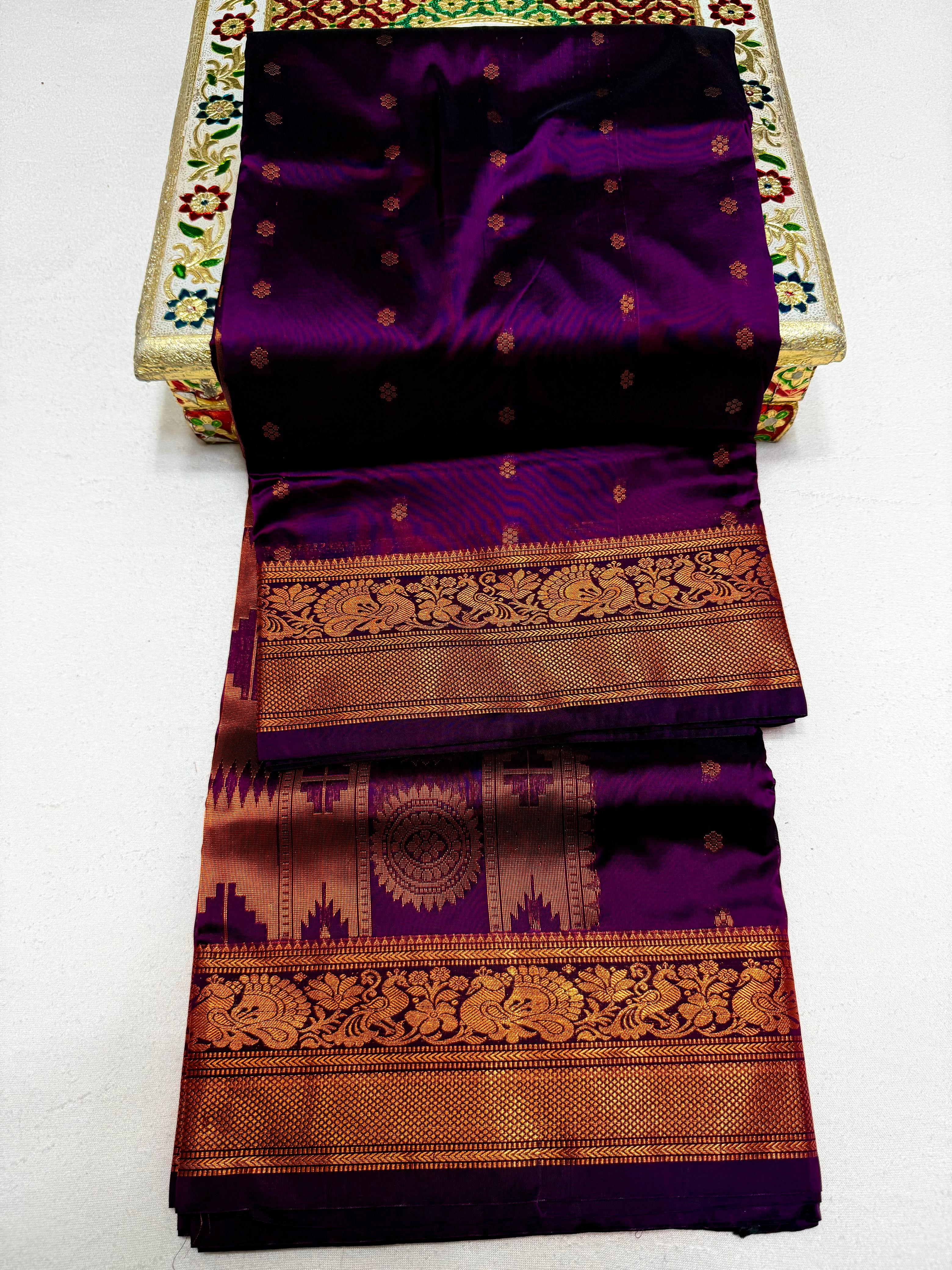 Pure Tana Silk Traditional Madurai Kalanjali Paithani Saree – All-Over Butti & Yeola Double Pallu - Self Blouse Piece.