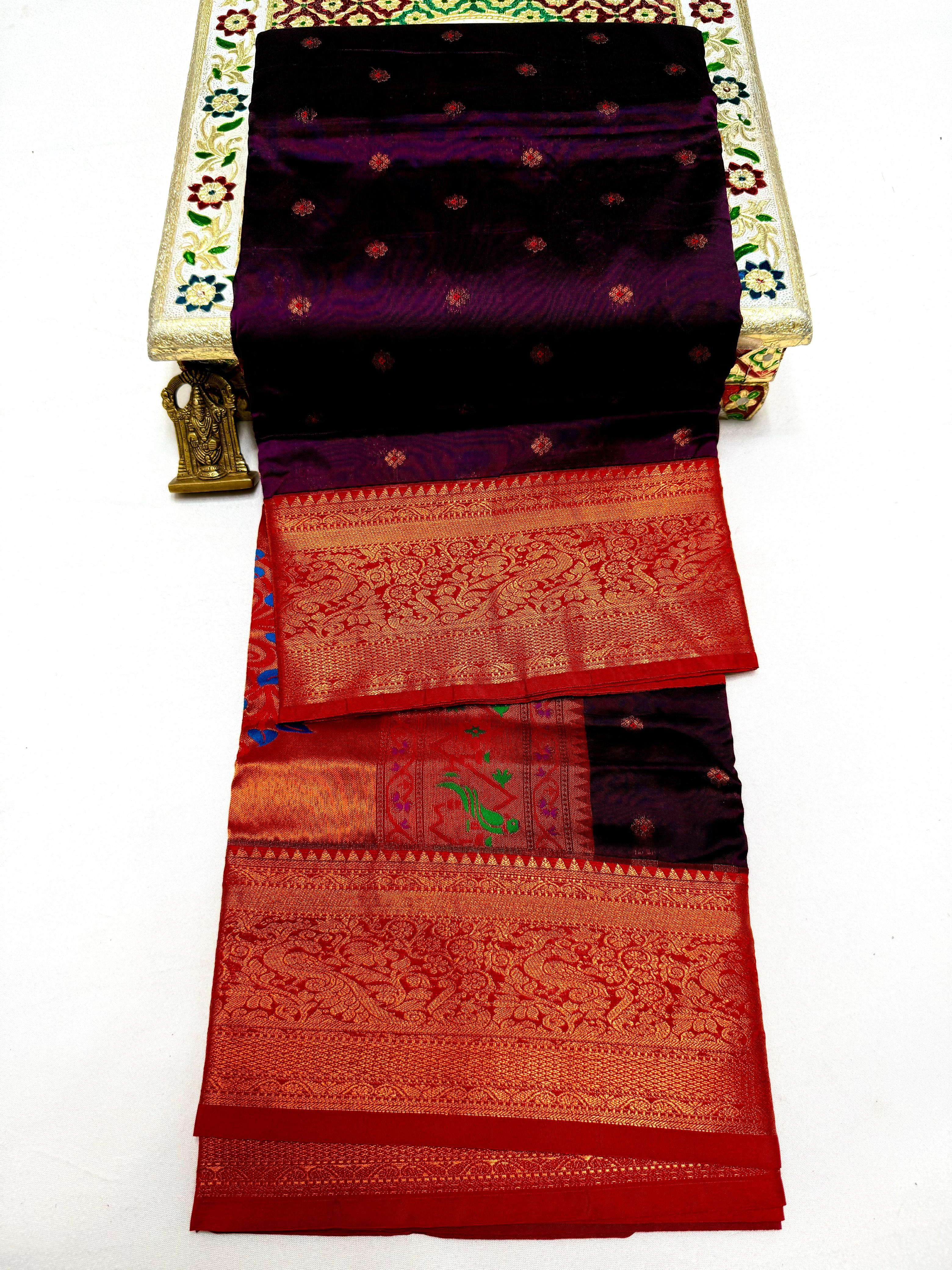 Make a grand statement this wedding season with our exclusive Dhanashree Kanjivaram Paithani Saree, crafted in rich silk with traditional detailing.