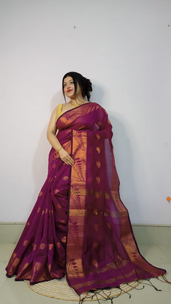 Enhance your ethnic wardrobe with this Soft &amp; Smooth Cotton Silk Handloom Saree, designed to offer the perfect blend of tradition and comfort. Crafted from premium cotton silk fabric, this saree feels incredibly soft on the skin while providing a rich and elegant look.