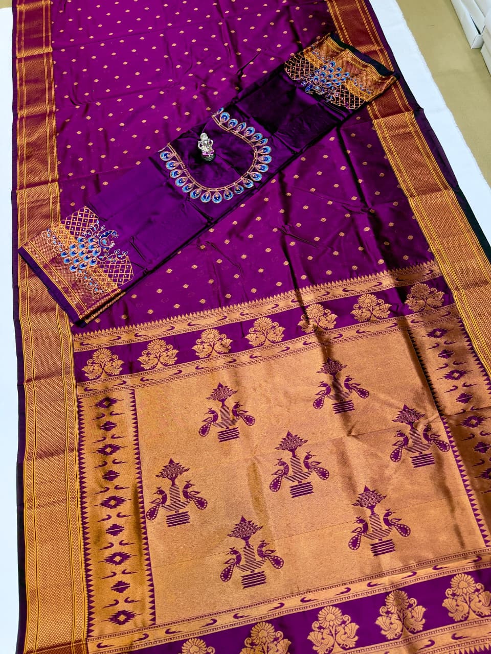 The beautiful traditional Paithani pallu enhances its royal appeal, while the exclusive designer running blouse piece completes the look. Perfect for weddings, festive celebrations, cultural events, and special occasions.