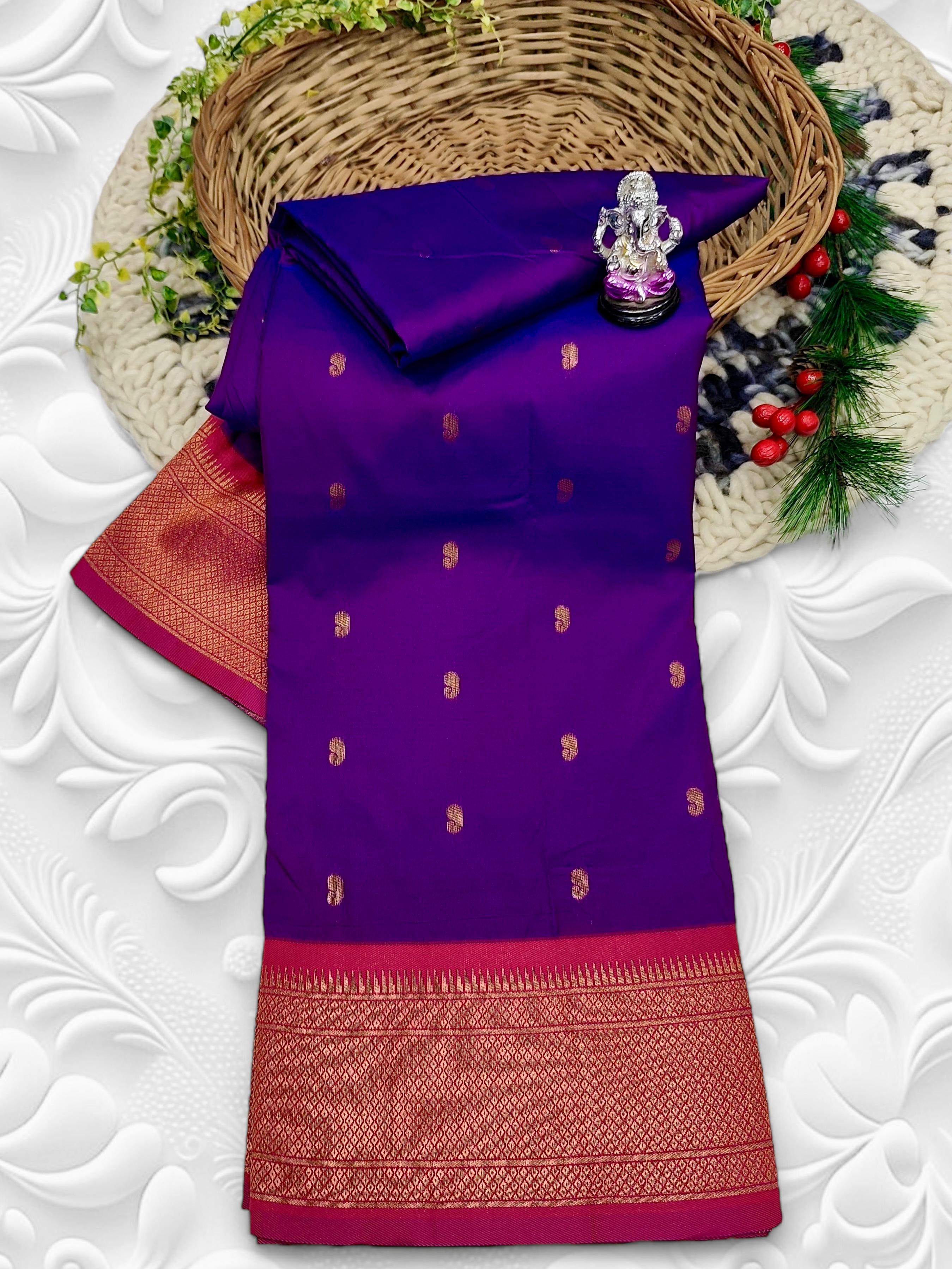 Premium Shrija Kadiyal Paithani Silk Saree with all-over zari buttis, exclusive contrast blouse, and rich double borders — perfect for weddings, festivals & special occasions.