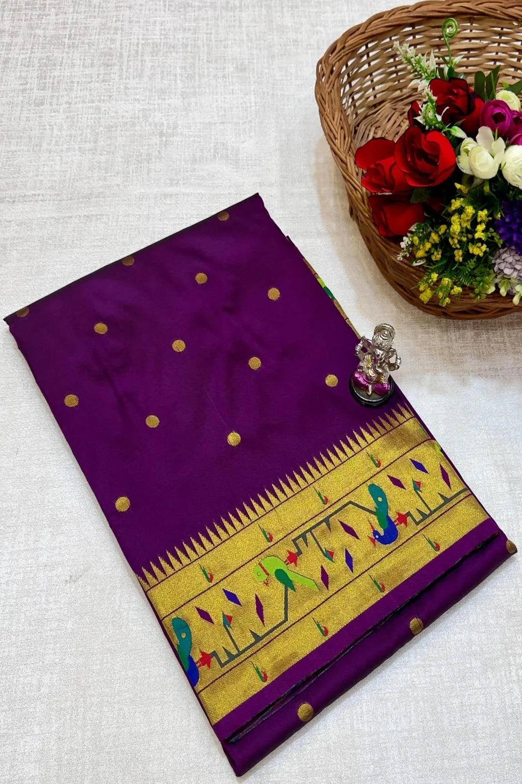 Shop premium Katan Silk Semi Mor & Popat Brocade Paithani Saree with traditional peacock and parrot pallu design and all-over zari butti. Perfect for weddings & festive wear.