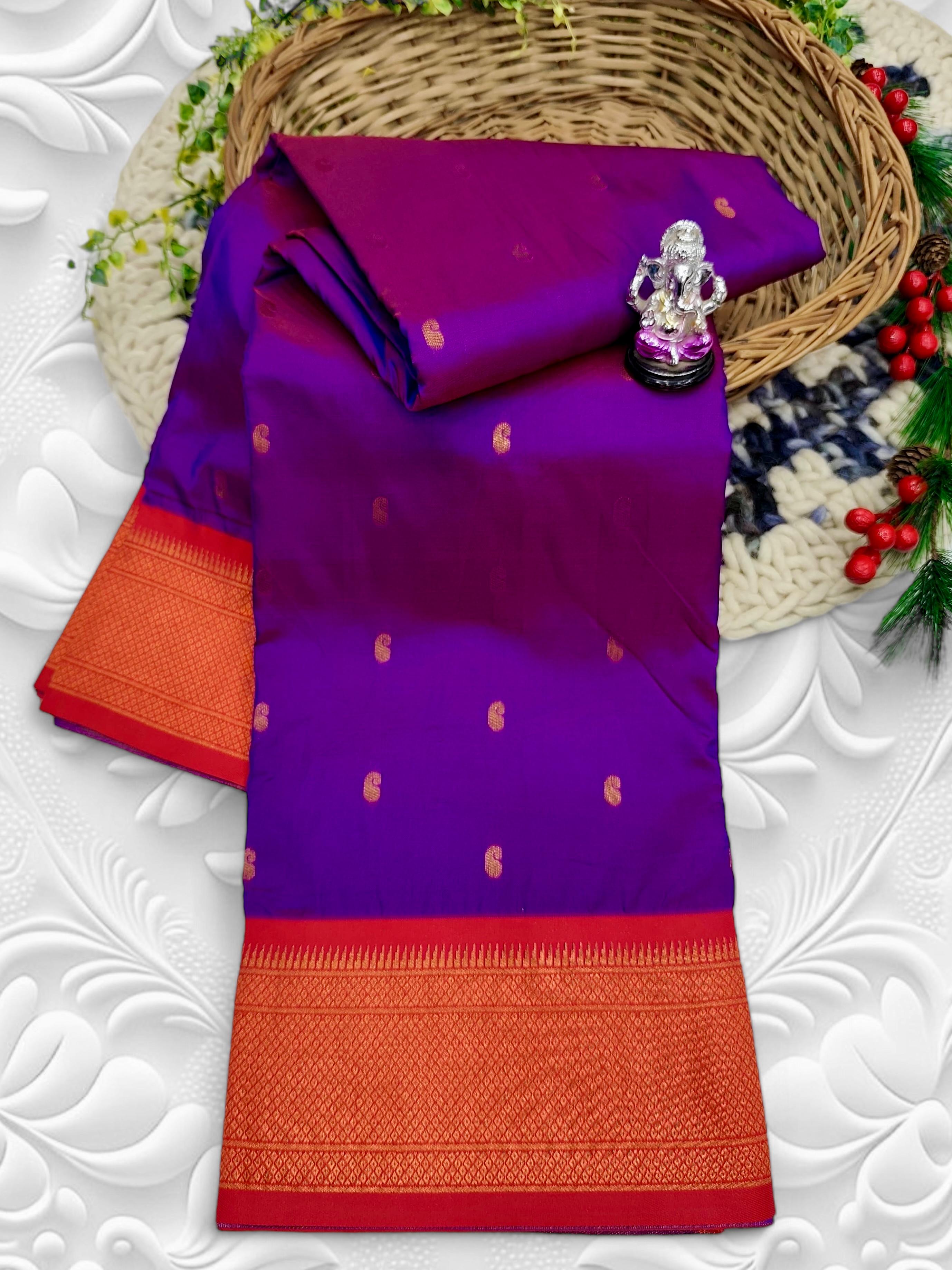 Premium Shrija Kadiyal Paithani Silk Saree with all-over zari buttis, exclusive contrast blouse, and rich double borders — perfect for weddings, festivals & special occasions.