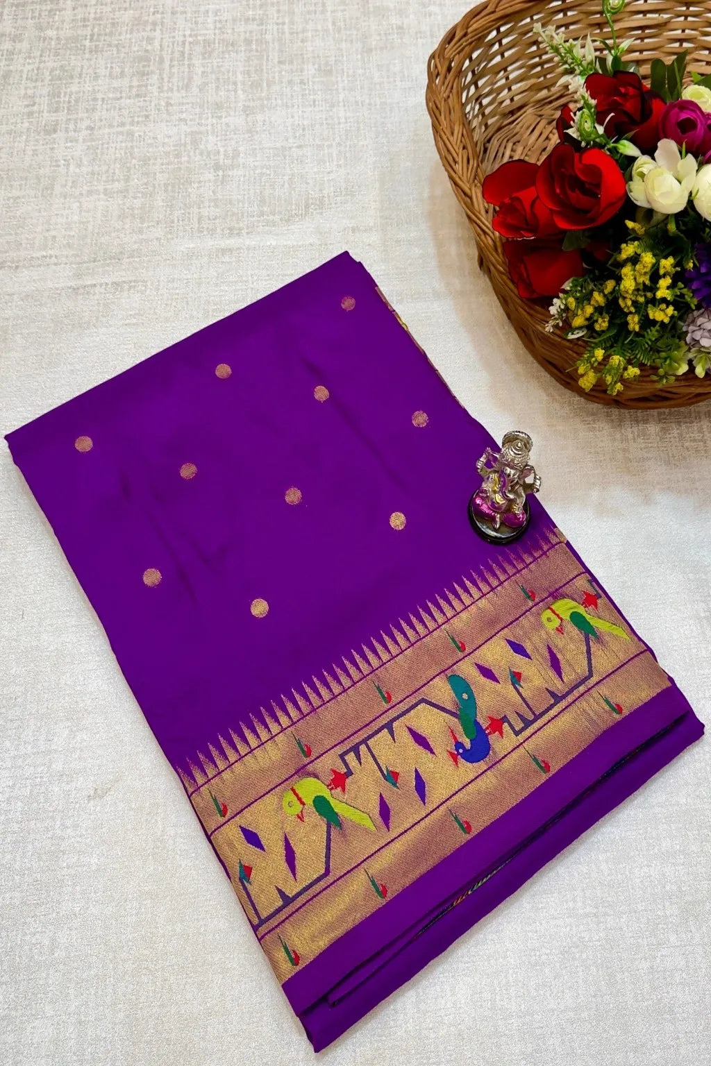 Shop premium Katan Silk Semi Mor & Popat Brocade Paithani Saree with traditional peacock and parrot pallu design and all-over zari butti. Perfect for weddings & festive wear.