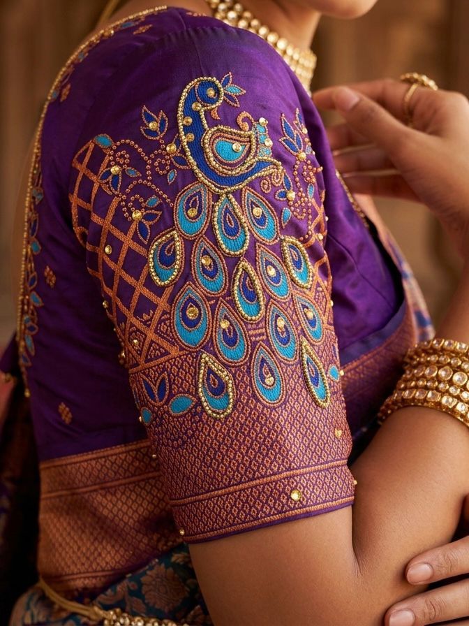 Shop New Sonali Kalanjali Paithani Saree in premium soft silk with rich buttis, peacock Maharani pallu and Aariwork Swarovski blouse. Perfect for festivals and weddings.