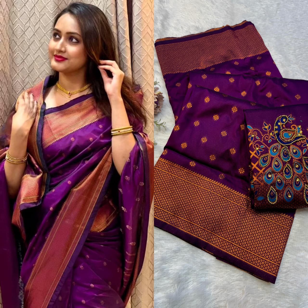 Shop New Sonali Kalanjali Paithani Saree in premium soft silk with rich buttis, peacock Maharani pallu and Aariwork Swarovski blouse. Perfect for festivals and weddings.