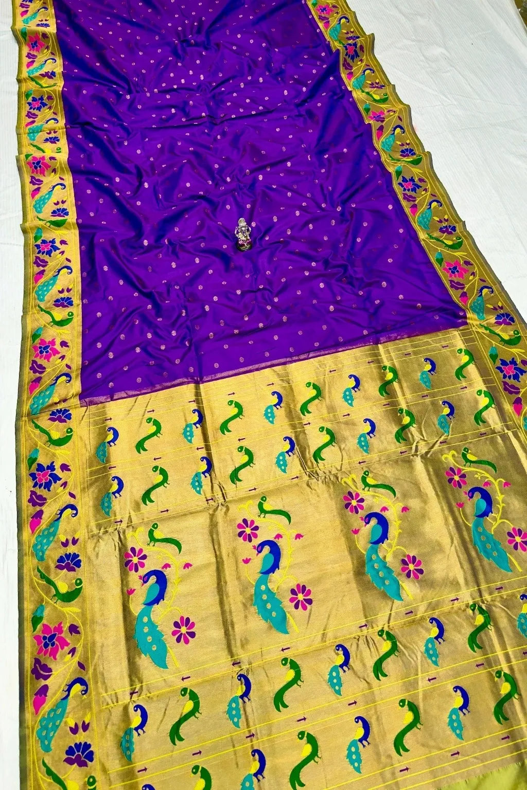 Pure Mix Silk Semi Mor & Popat Brocade Paithani Saree – Traditional Maharashtrian Elegance Shop premium Silk Semi Mor & Popat Brocade Paithani Saree with traditional peacock and parrot pallu design and all-over zari butti. Perfect for weddings & festive wear.