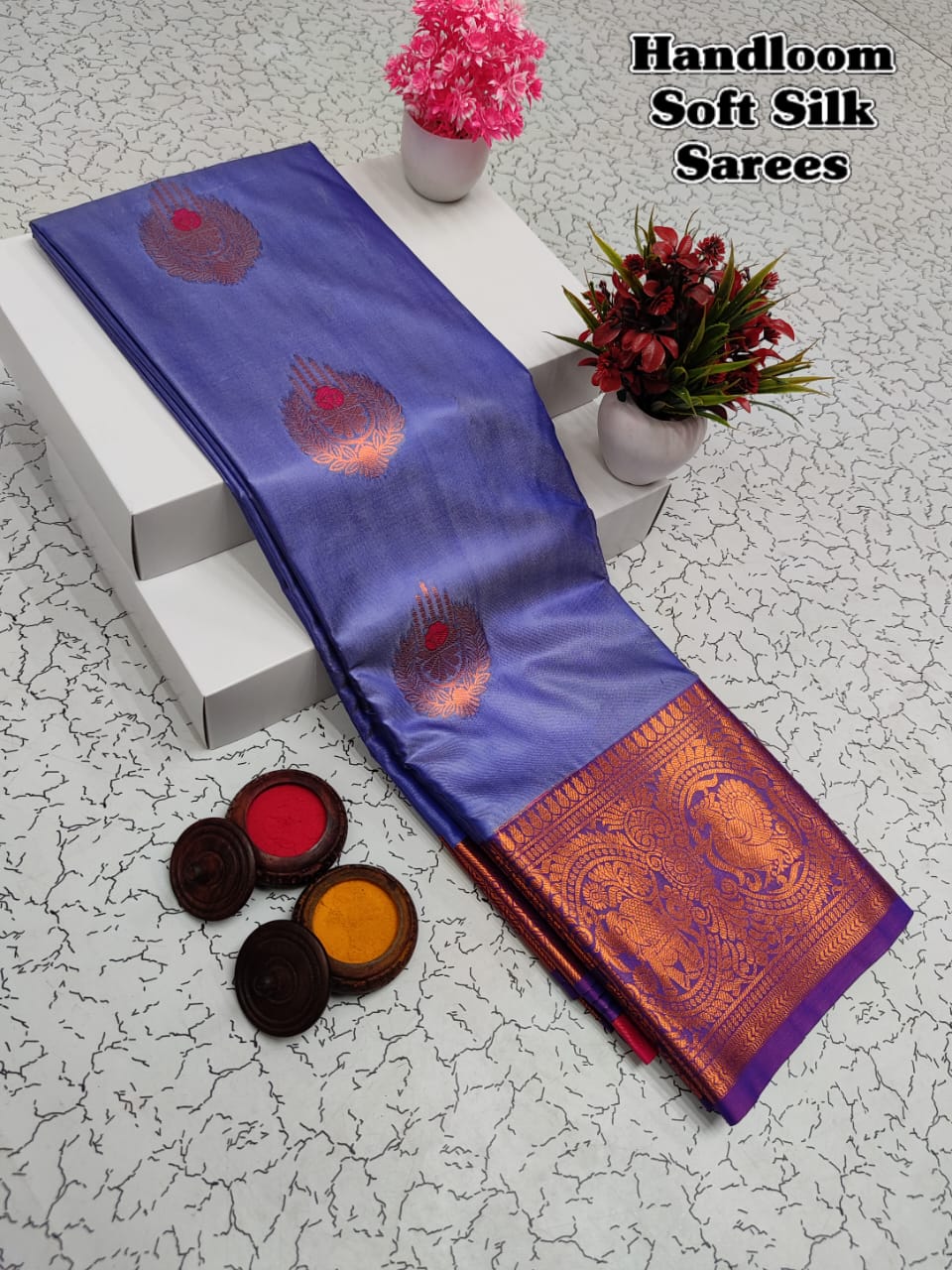 Shop premium Kanchipuram Handloom Soft Silk Saree with copper zari border, rich meena pallu & contrast blouse. Elegant saree for weddings & festivals.