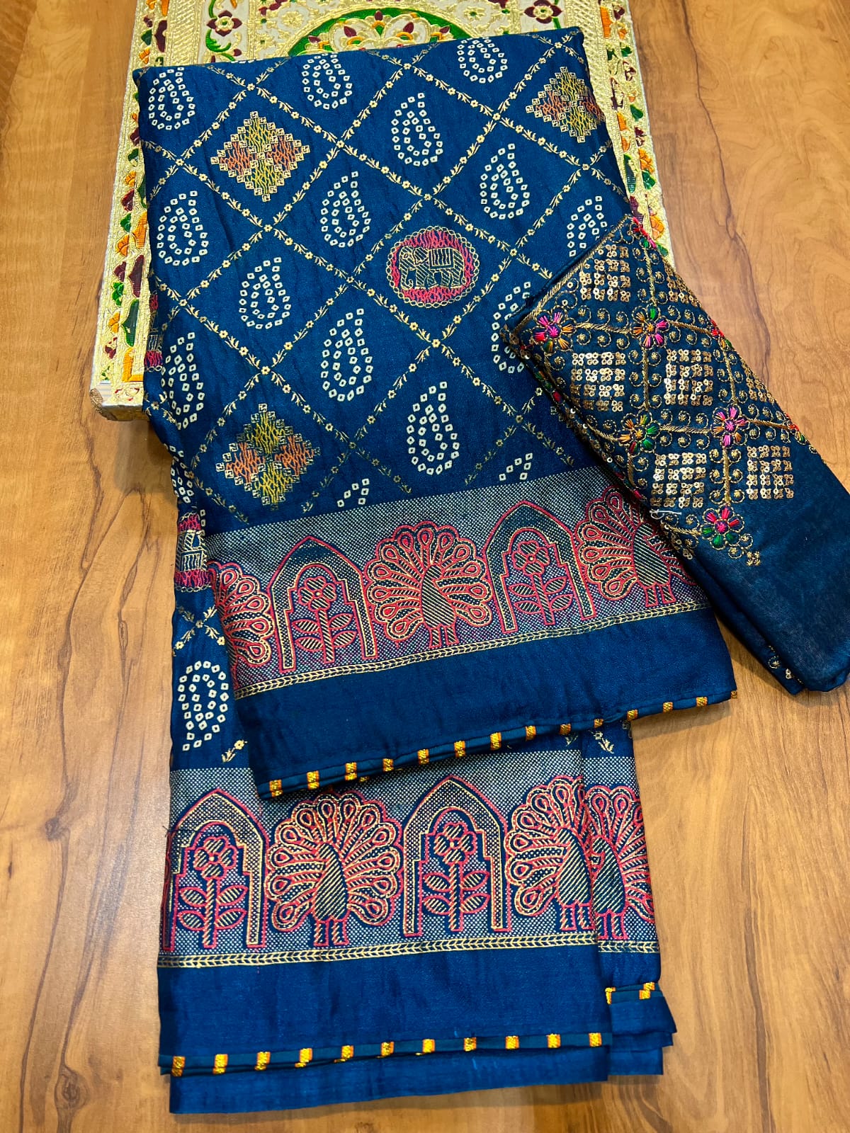 Dola Silk Printed Bandhej Saree with Stitched Border & Fancy Blouse