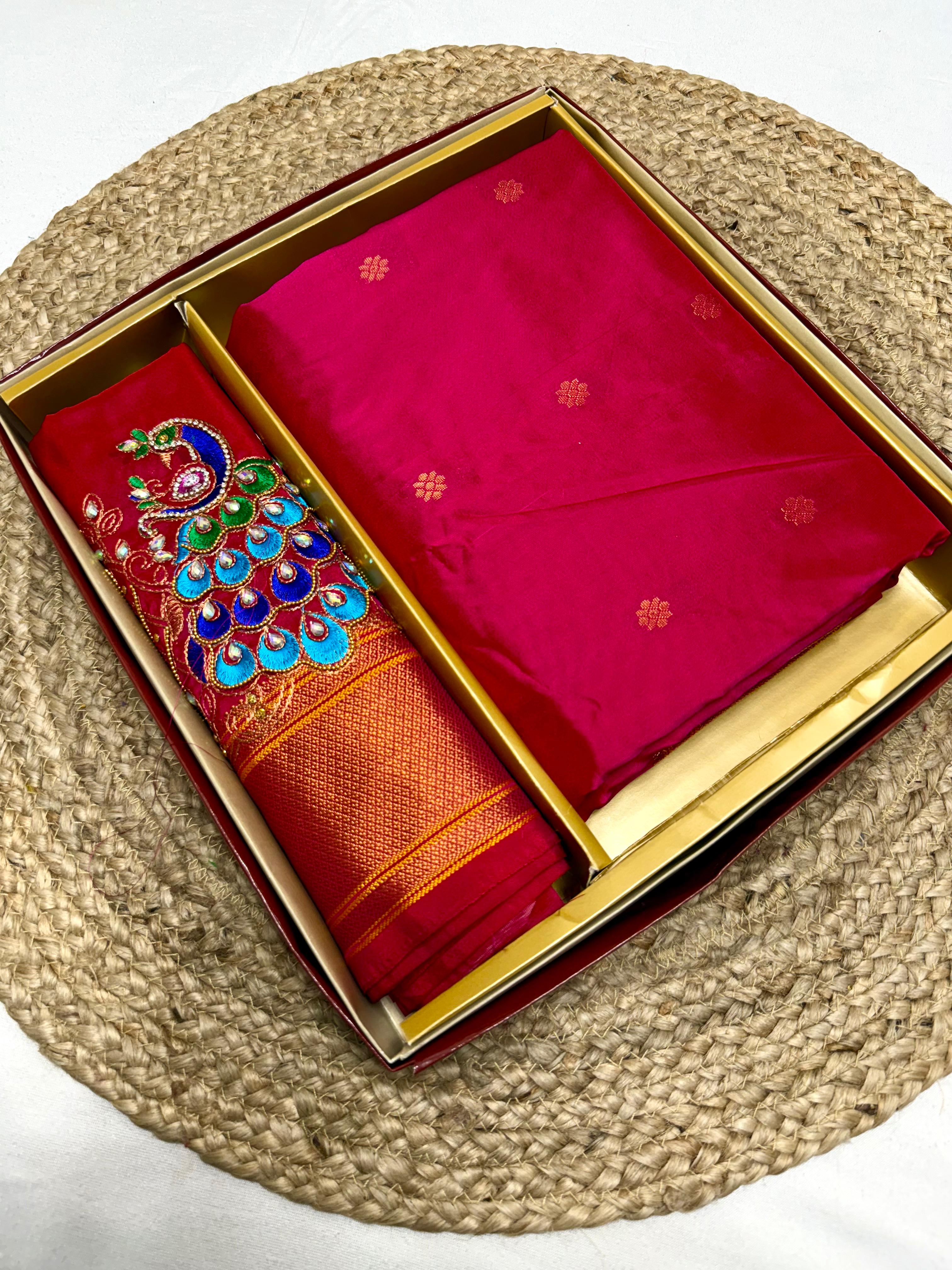 Premium Kalanjali Tana Silk Paithani Saree – All Over Buttis with Handwork Embroidery Blouse