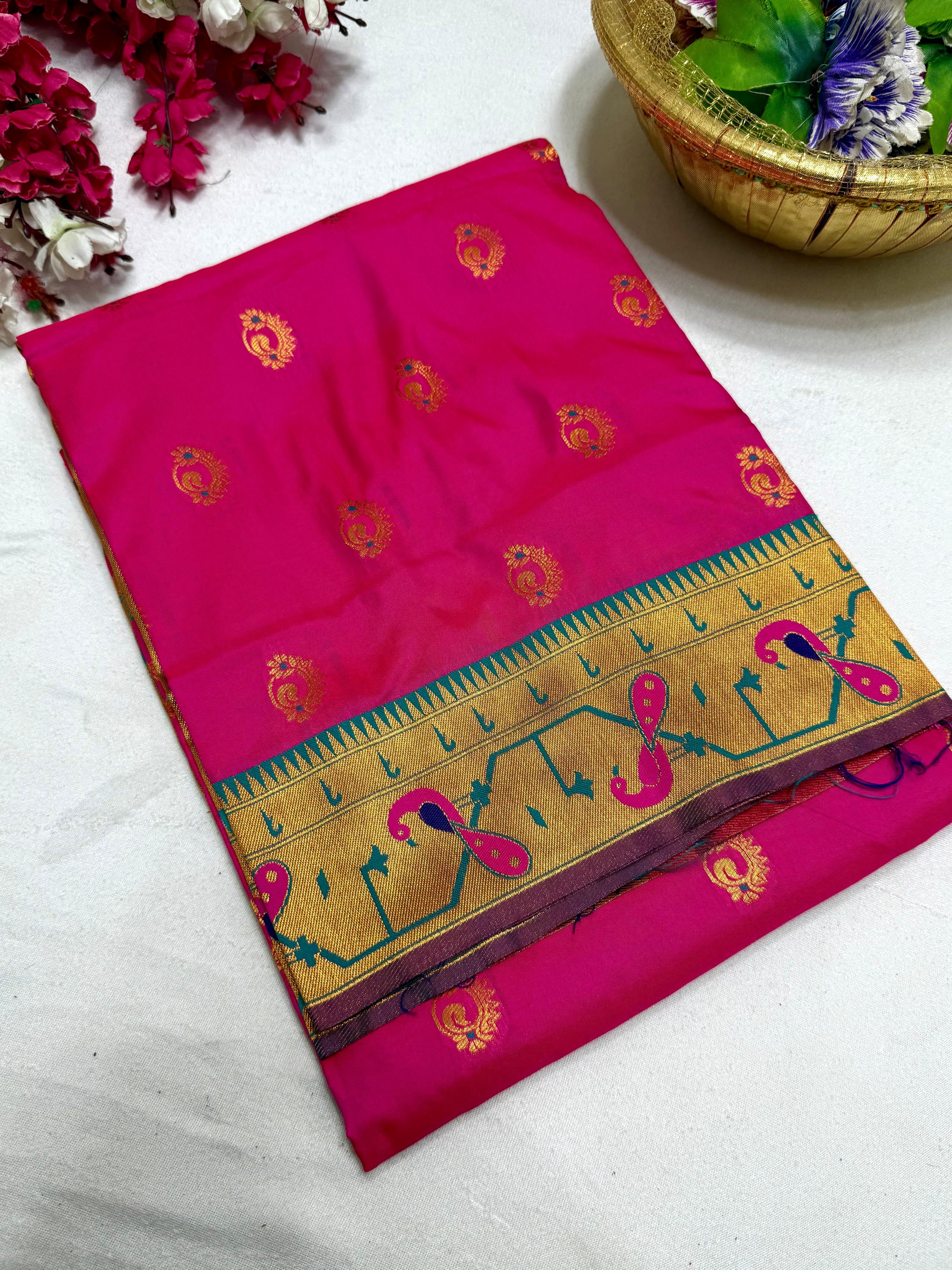 Brocade Shiny Soft Silk Paithani Saree Nath Buttis All Over with Meenakari Pallu & Brocade Blouse Piece.