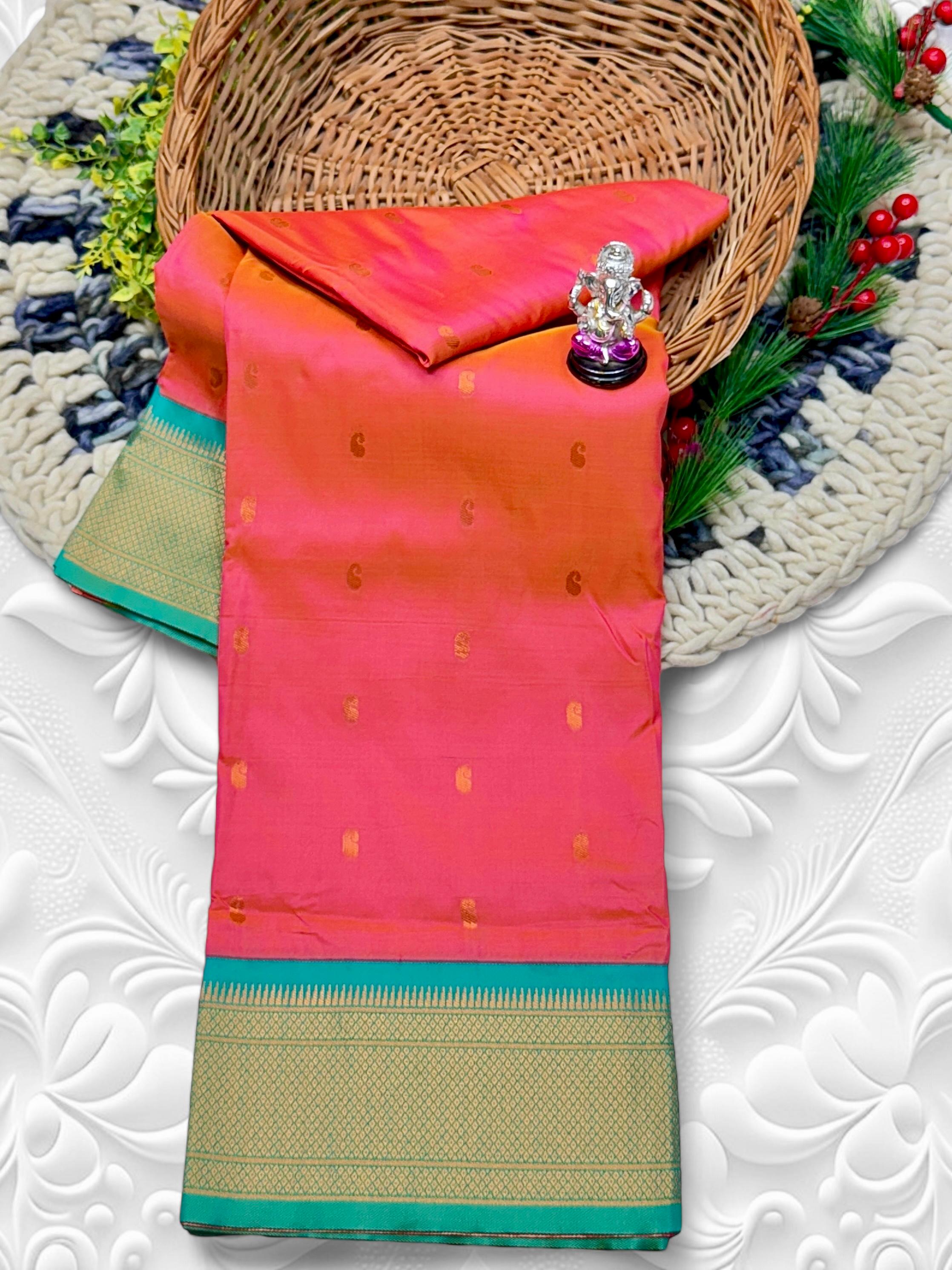 Premium Shrija Kadiyal Paithani Silk Saree with all-over zari buttis, exclusive contrast blouse, and rich double borders — perfect for weddings, festivals & special occasions.