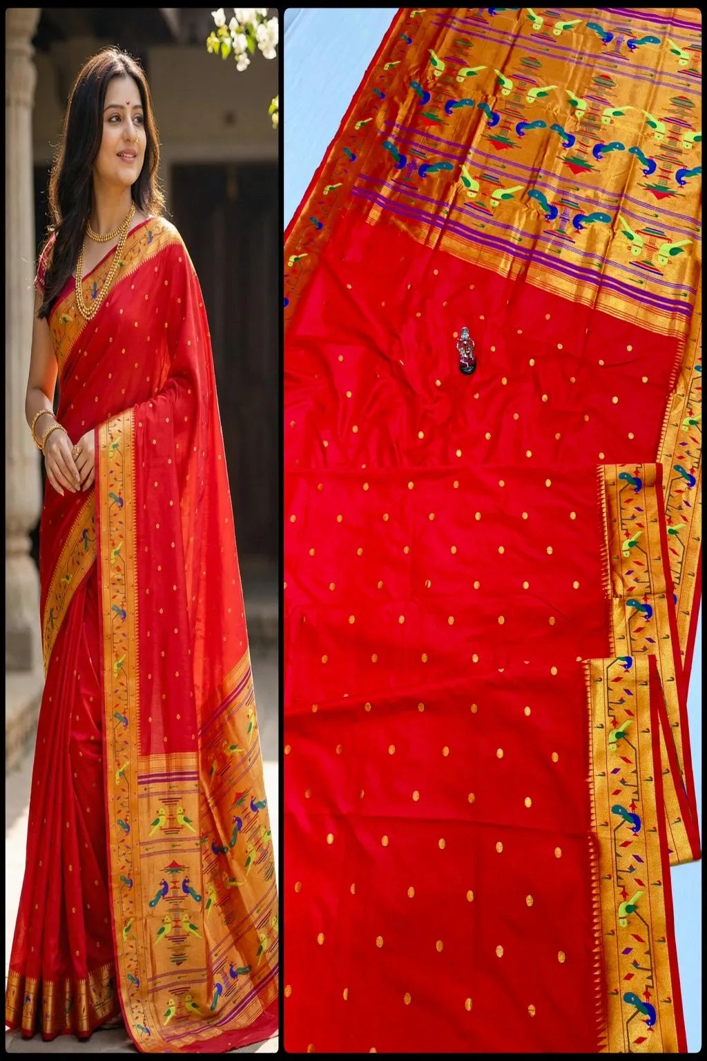 Shop premium Katan Silk Semi Mor & Popat Brocade Paithani Saree with traditional peacock and parrot pallu design and all-over zari butti. Perfect for weddings & festive wear.