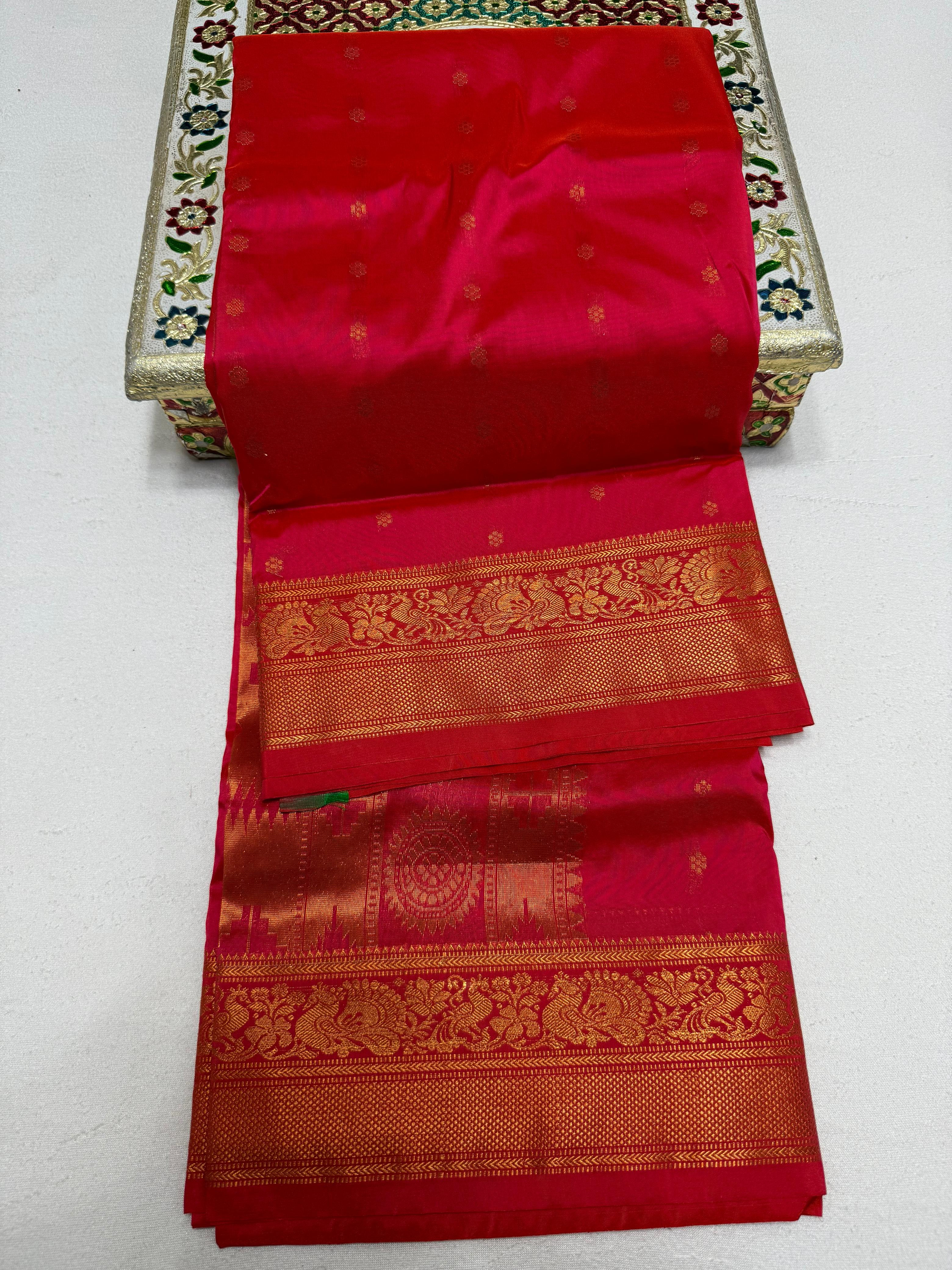 Pure Tana Silk Traditional Madurai Kalanjali Paithani Saree – All-Over Butti & Yeola Double Pallu - Self Blouse Piece.