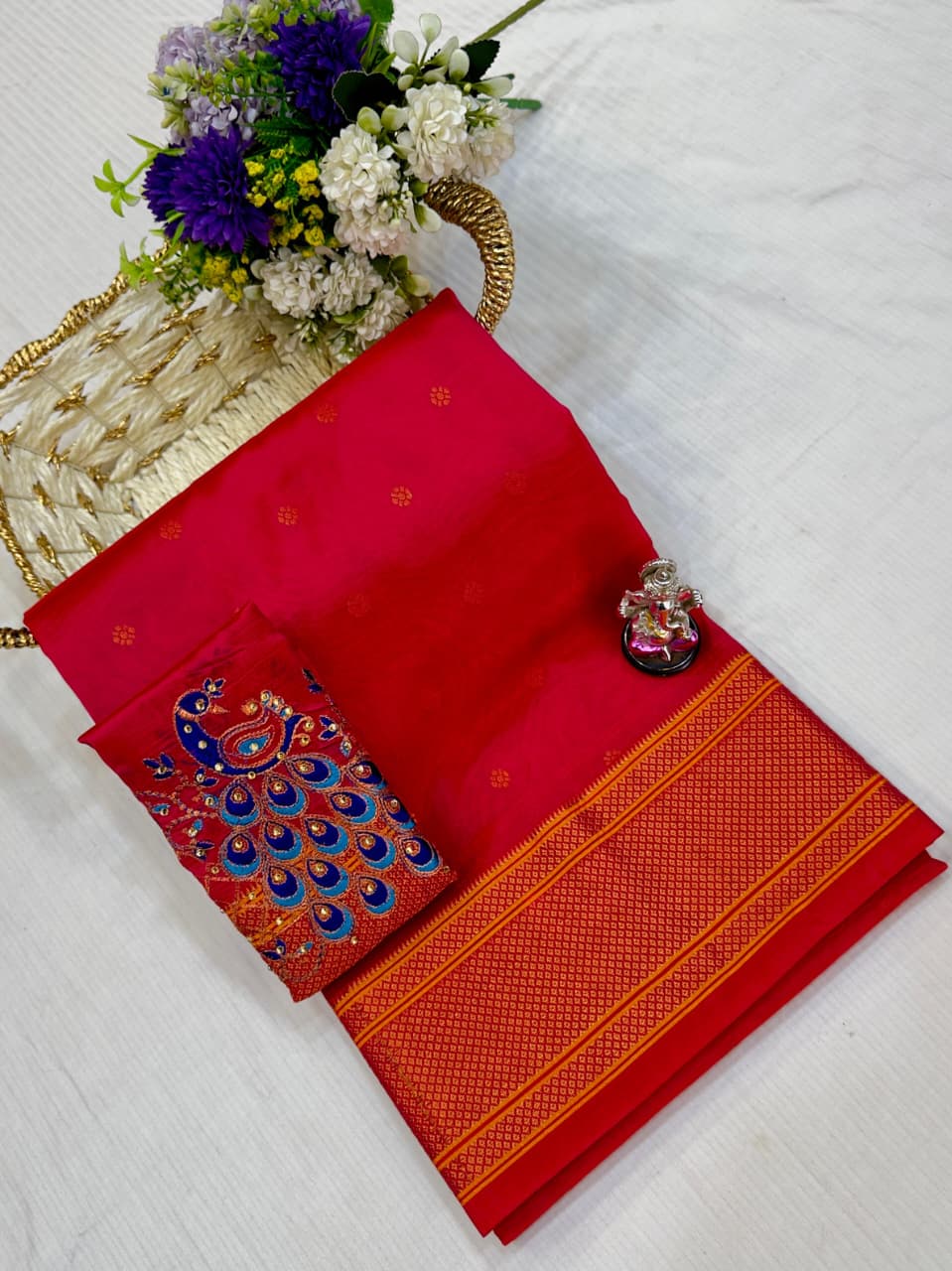 The beautiful traditional Paithani pallu enhances its royal appeal, while the exclusive designer running blouse piece completes the look. Perfect for weddings, festive celebrations, cultural events, and special occasions.