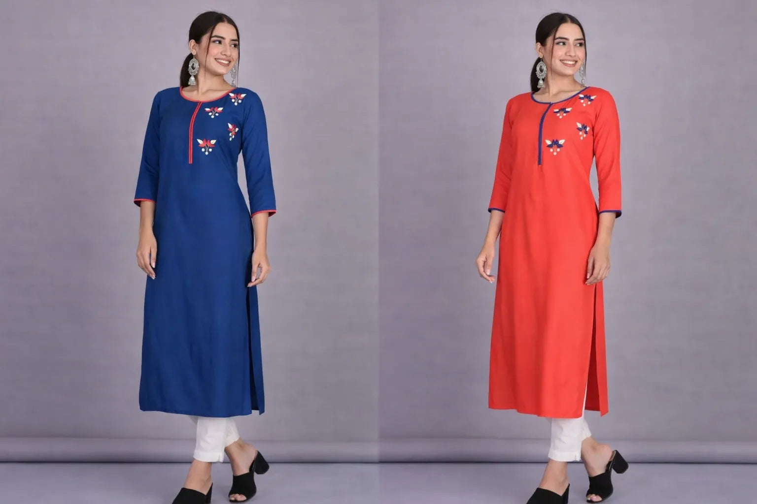 Shop elegant rayon straight cut kurti with hand embroidered floral motifs in red and blue. Comfortable ethnic wear for women available in M to 3XL.