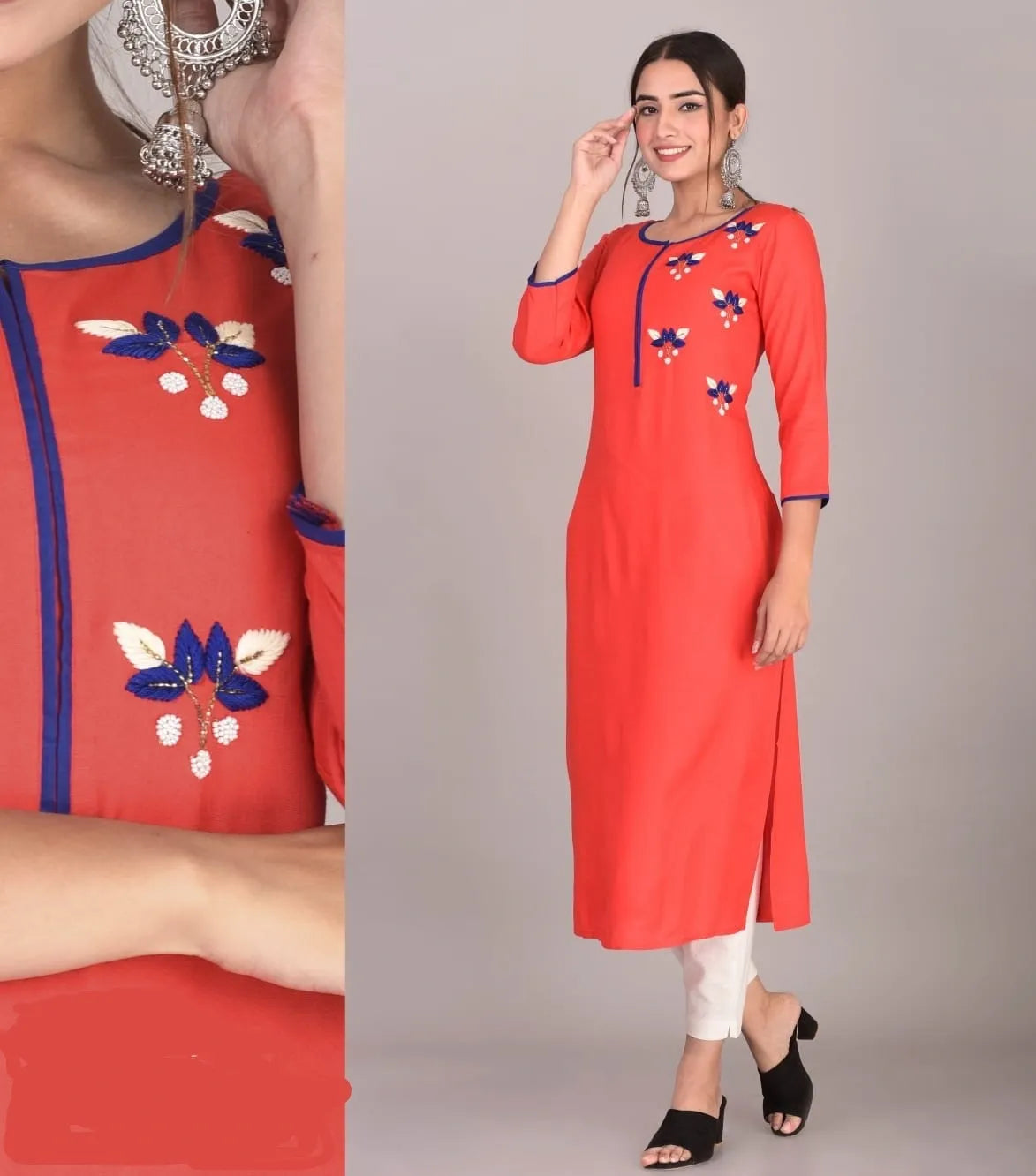 Shop elegant rayon straight cut kurti with hand embroidered floral motifs in red and blue. Comfortable ethnic wear for women available in M to 3XL.