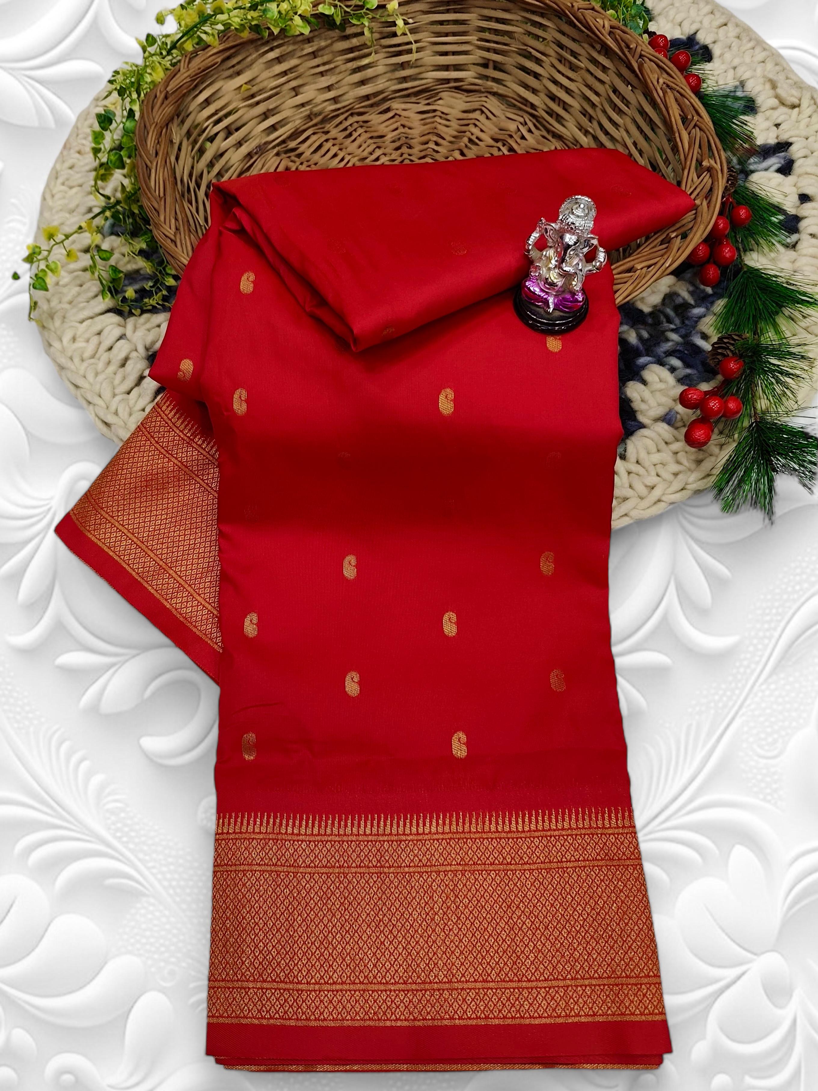 Premium Shrija Kadiyal Paithani Silk Saree with all-over zari buttis, exclusive contrast blouse, and rich double borders — perfect for weddings, festivals & special occasions.