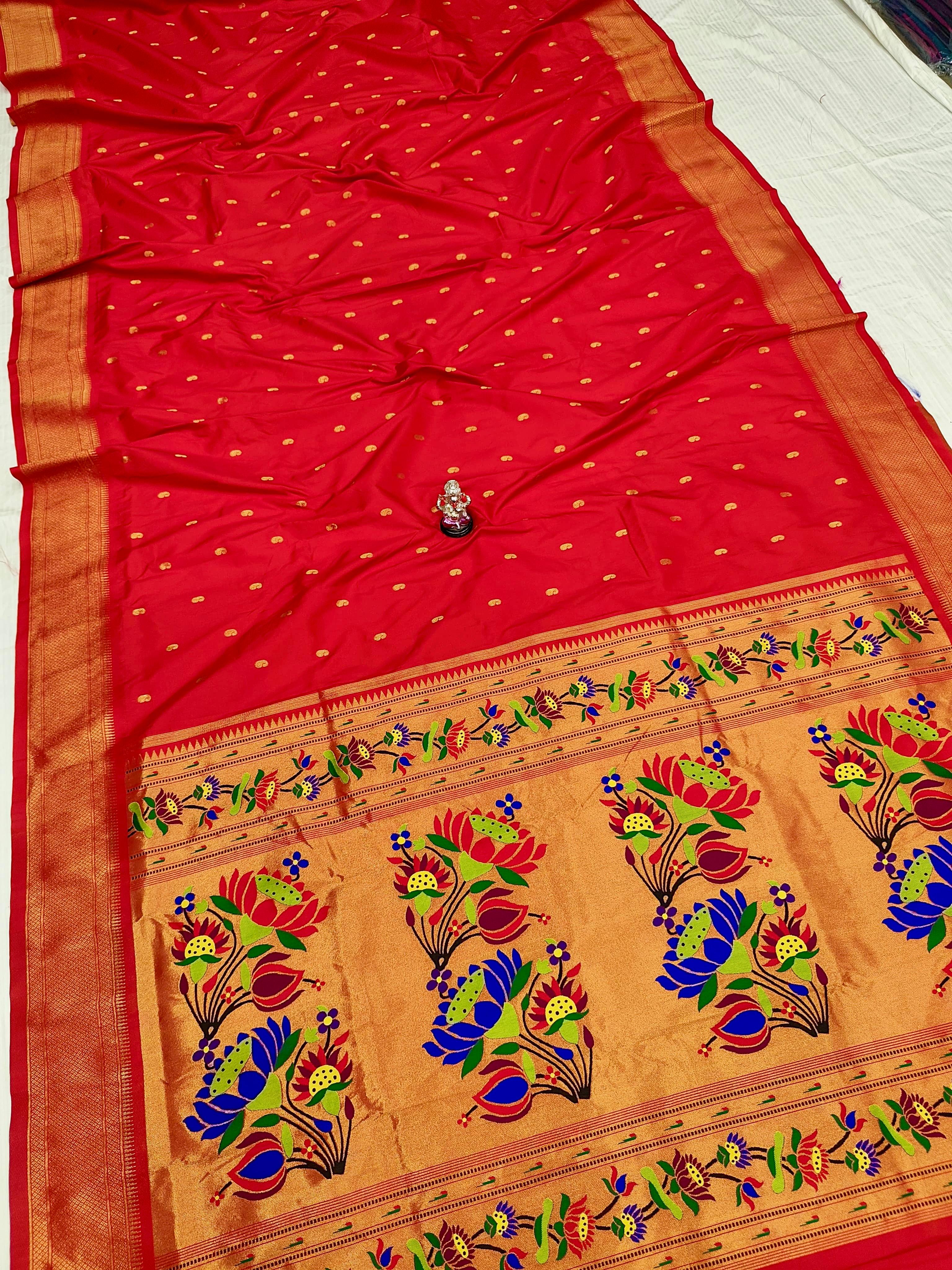 Premium Shrija Kadiyal Paithani Silk Saree with all-over zari buttis, exclusive contrast blouse, and rich double borders — perfect for weddings, festivals & special occasions.