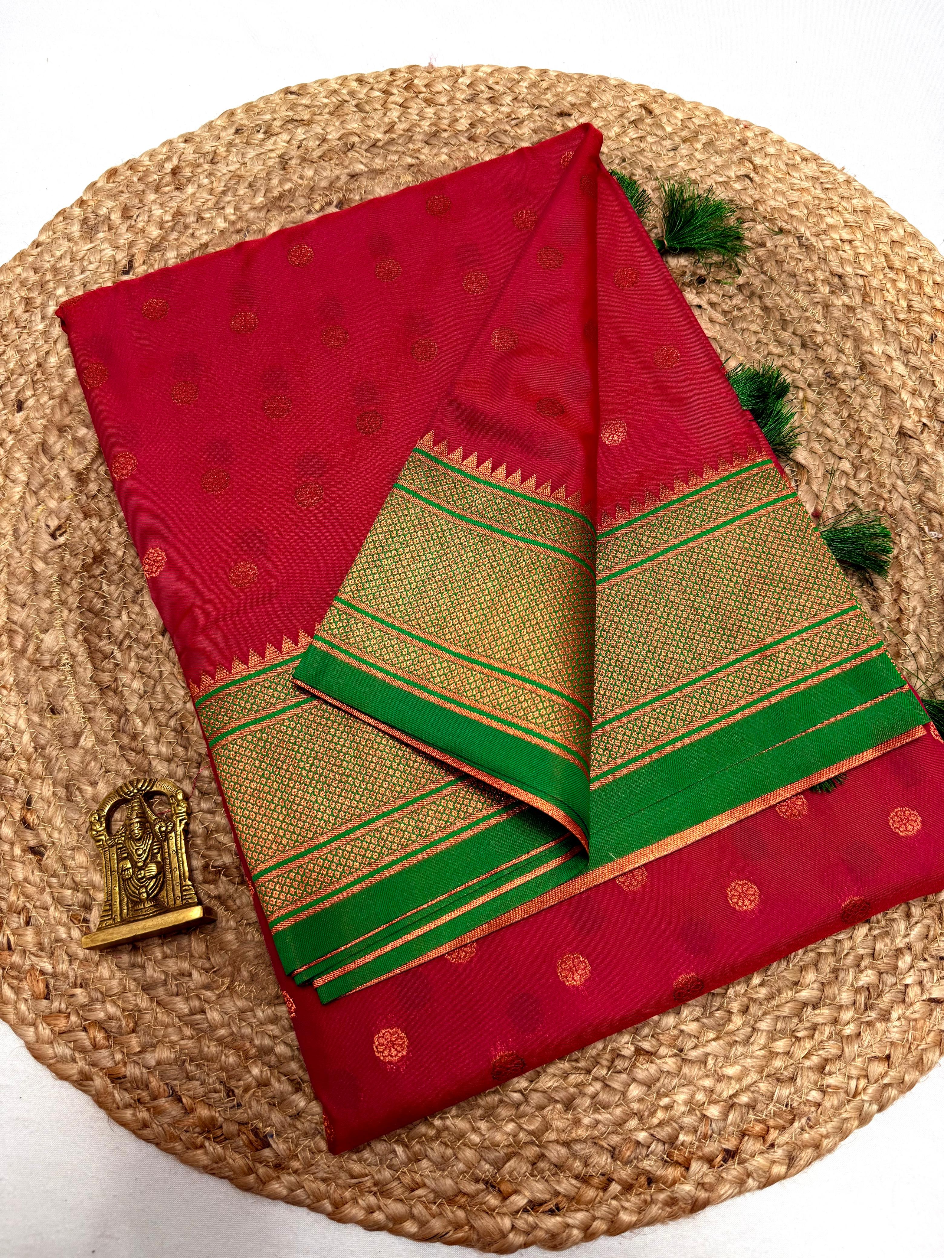 Yeola Double Rich Pallu Nau Vari (9 Yard) Paithani Saree Tassel Gonda All Over Butti With Contrast Blouse