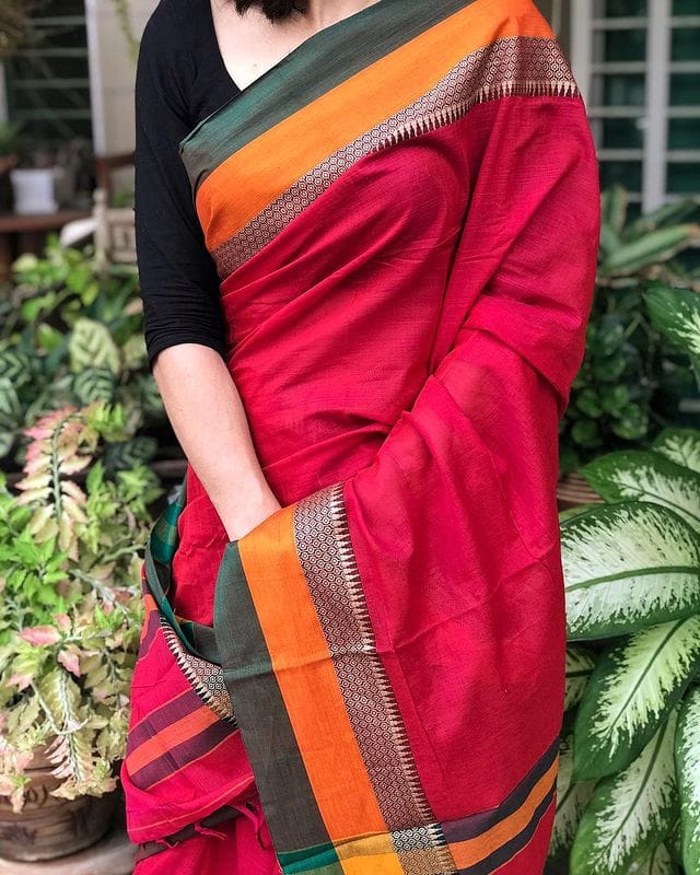 Narayanpeth Drapes Rani Border Mercerised Cotton Saree with Stripe and Running Blouse