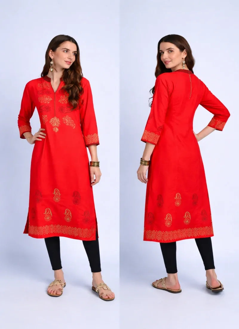 The Gorgeous Red Rayon Kurti is a sensational customer favorite with Gold and black&nbsp; design to enhance looks. and we hope you like it just as much. This Kurti, Gown Step into elegance with our stunning Gorgeous Rayon Kurti in Red with Gold/Black, destined to impress with its exquisite craftsmanship and timeless style.