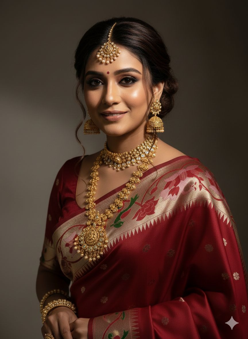 Experience timeless elegance with this Trending Rajhans Brocade Paithani Saree, crafted from premium pure soft silk. Designed with all-over traditional buttis and a luxurious 4/1 rich pallu, this saree reflects royal Maharashtrian craftsmanship. Comes with a matching running blouse piece, making it ideal for weddings, festive occasions, and traditional celebrations.