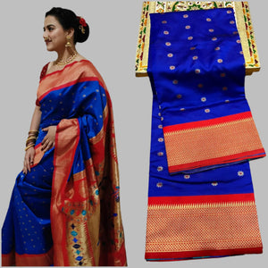 Traditional Kadiyal Paithani Saree,  Pallu Meena Butti with Contrast Running Blouse Royal Blue