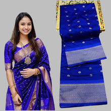 Load image into Gallery viewer, Traditional Kadiyal Paithani Saree,  Pallu Meena Butti with Contrast Running Blouse Royal Blue