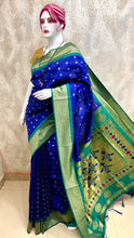 Load image into Gallery viewer, Traditional Kadiyal Paithani Saree,  Pallu Meena Butti with Contrast Running Blouse Royal Blue