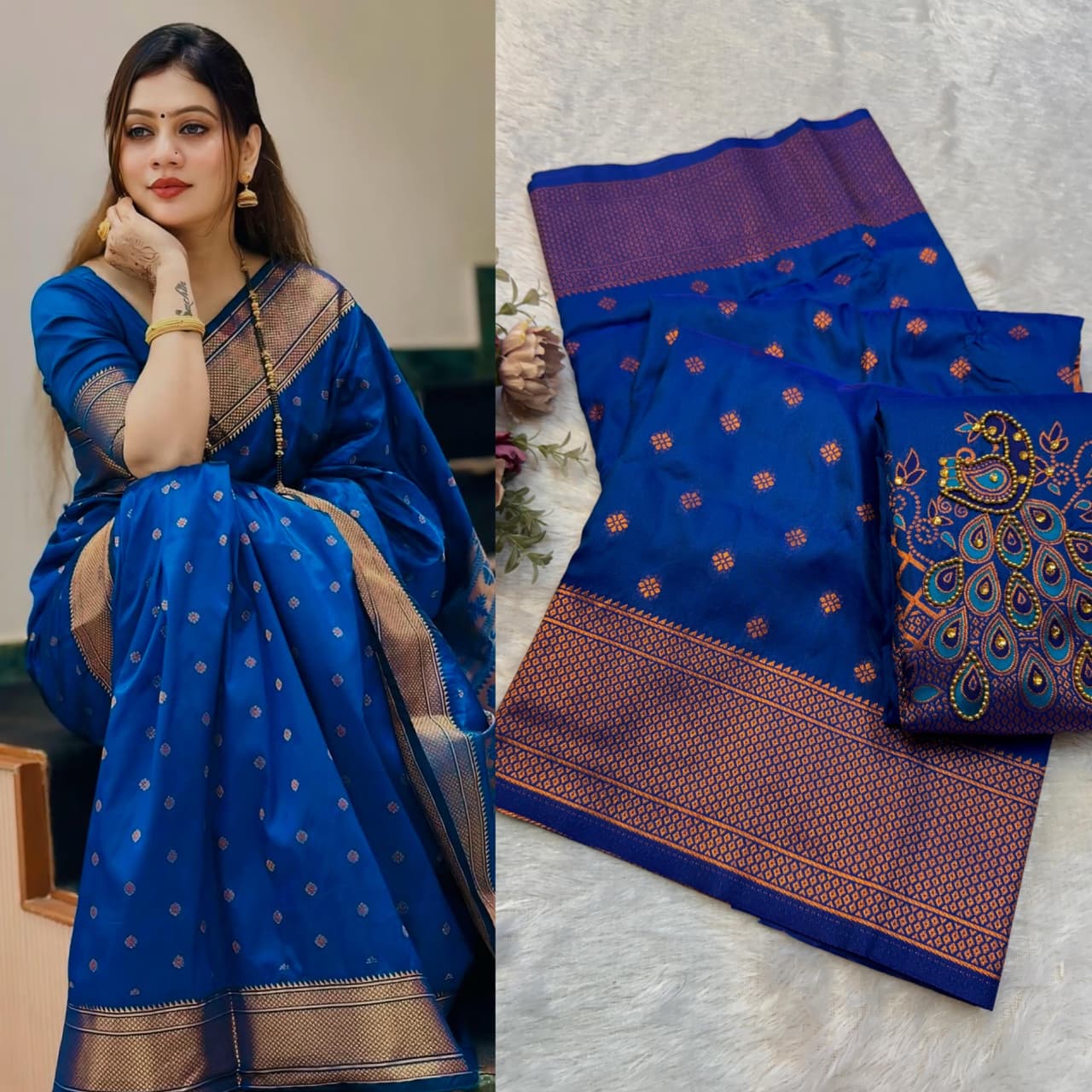 Shop New Sonali Kalanjali Paithani Saree in premium soft silk with rich buttis, peacock Maharani pallu and Aariwork Swarovski blouse. Perfect for festivals and weddings.