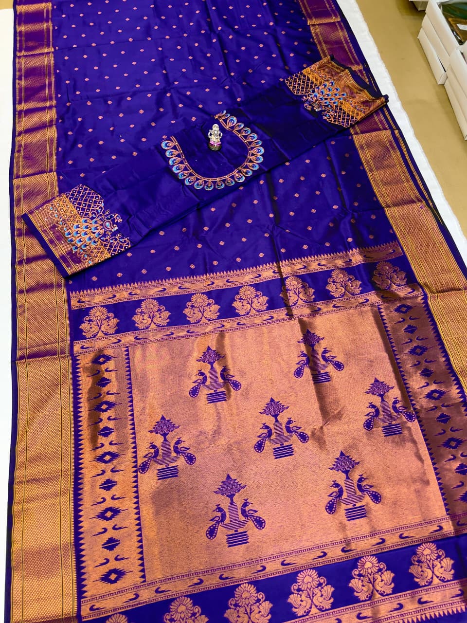 The beautiful traditional Paithani pallu enhances its royal appeal, while the exclusive designer running blouse piece completes the look. Perfect for weddings, festive celebrations, cultural events, and special occasions.