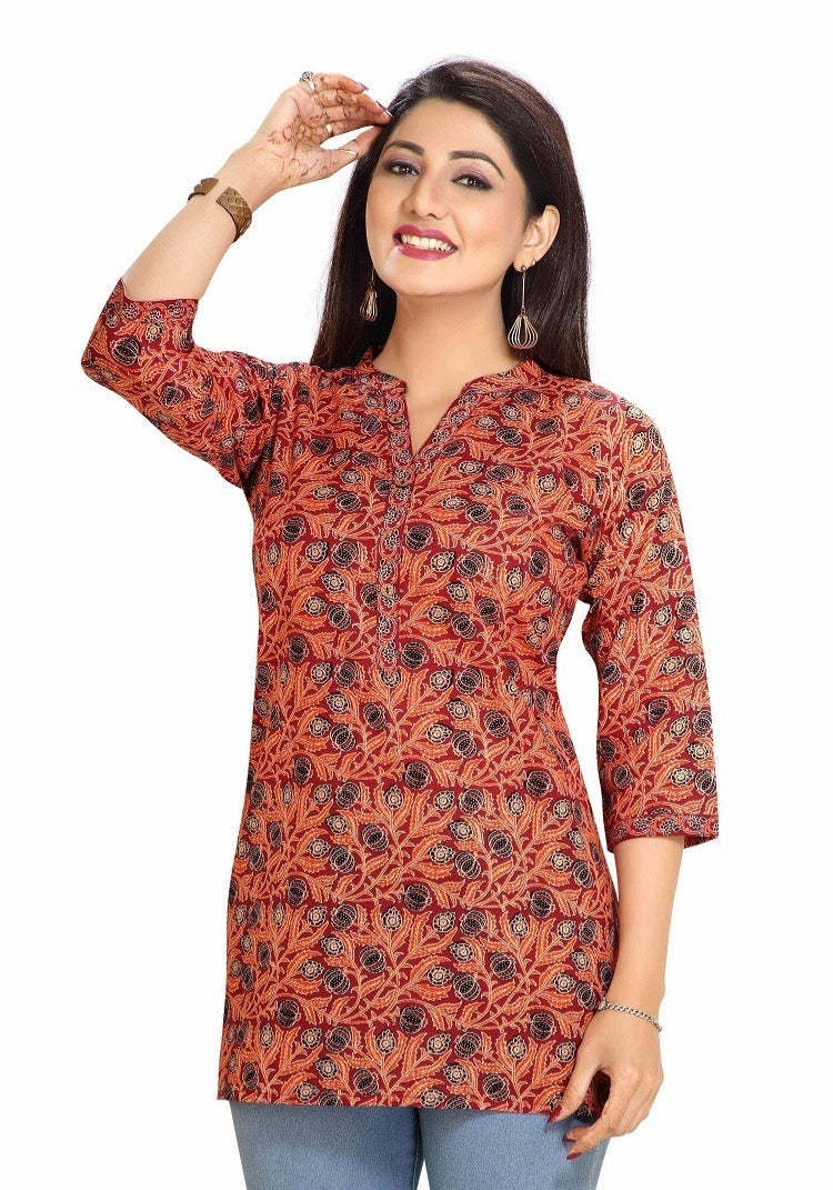 Trendy Floral Cotton Tops Gajari Color. Gajari color with Floral&nbsp; Cotton Tops S-184-Prem looks cool, comfort and standout where you are.

Fabric:Cotton
Coloer : Gajari with floral print
Style: Top
Style : Office use, Casula use in Function , brithday , wedding etc
Bust size: 42,44,46

This Gajari color with Floral Cotton Tops S-184-Prem is perfect for adding a touch of cool and standout to your wardrobe. The comfortable and stylish design will make you look and feel your best wherever you go. Made from
