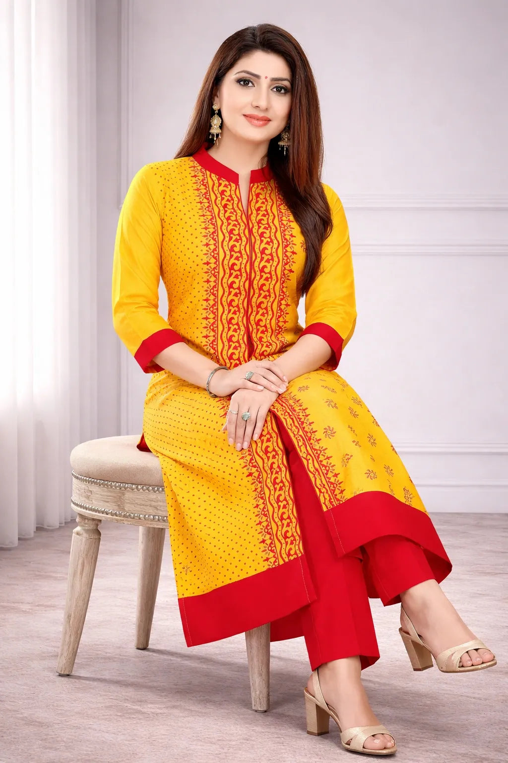 Beautiful cotton kurti in yellow with design in red color-Discover ultimate comfort and style with our Women's Beautiful cotton kurti in yellow with design in red color Outfits, crafted to seamlessly blend fashion and functionality for your everyday chic look