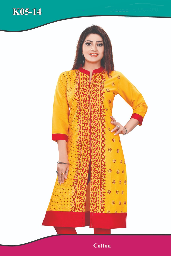 Beautiful Cotton Kurti in Yellow with design in Red