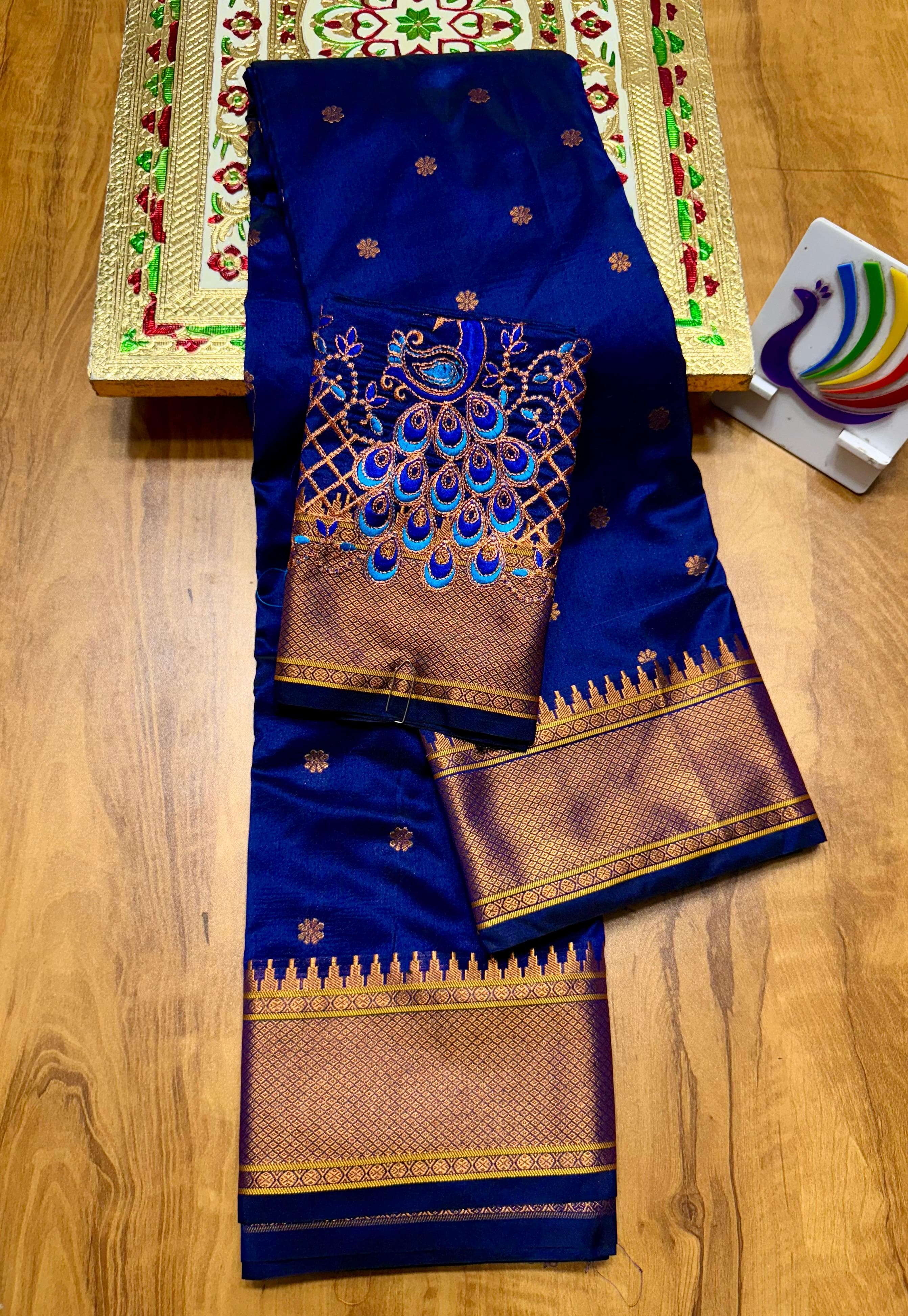 Discover the richness of tradition with our New Launching Kalanjali Bindiya Paithani Saree, a timeless creation woven in premium soft &amp; shiny Tana silk. Designed with all-over buttis, a rich intricately styled pallu, and a copper zari border small temple, this saree reflects true craftsmanship and cultural heritage.