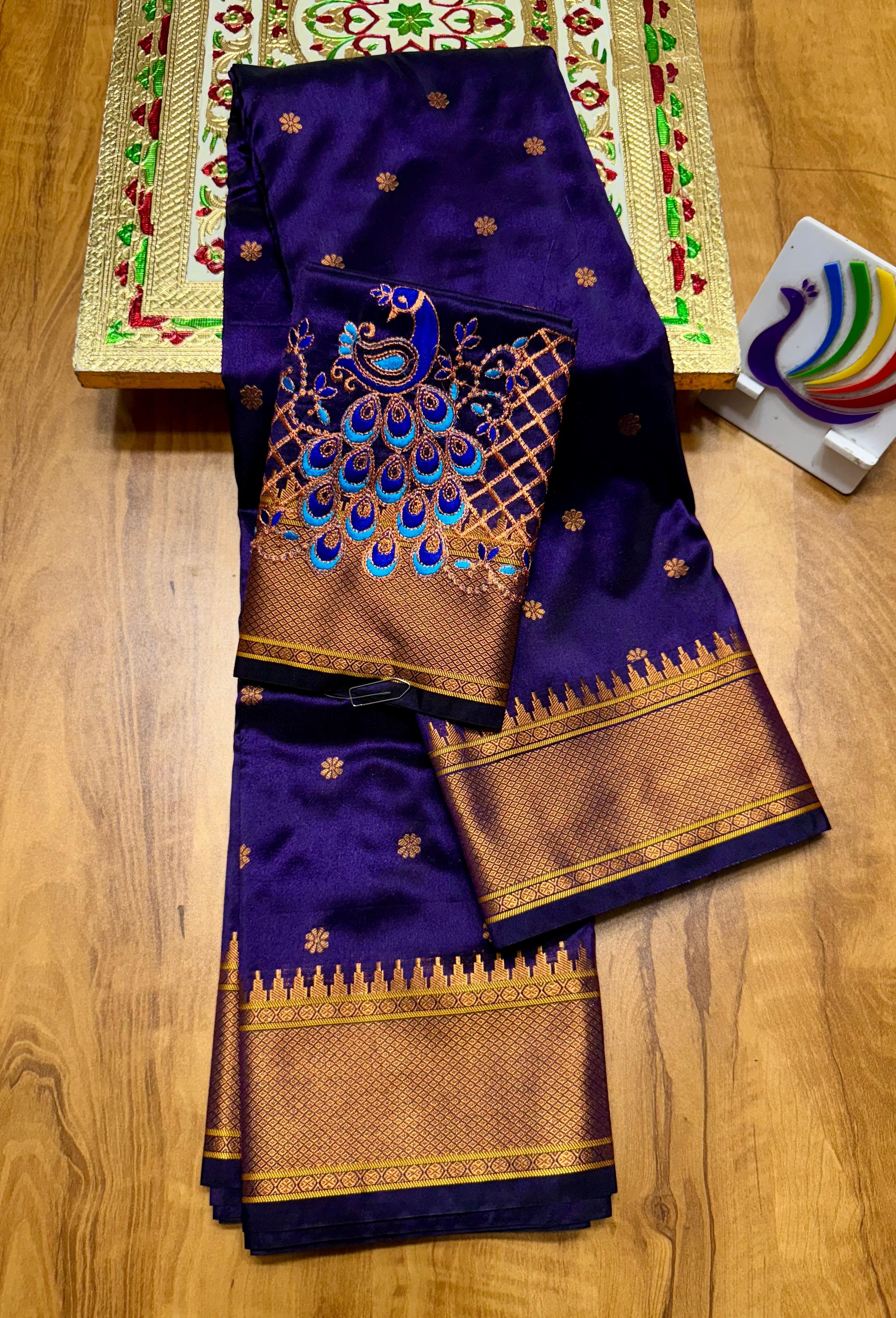 Discover the richness of tradition with our New Launching Kalanjali Bindiya Paithani Saree, a timeless creation woven in premium soft &amp; shiny Tana silk. Designed with all-over buttis, a rich intricately styled pallu, and a copper zari border small temple, this saree reflects true craftsmanship and cultural heritage.