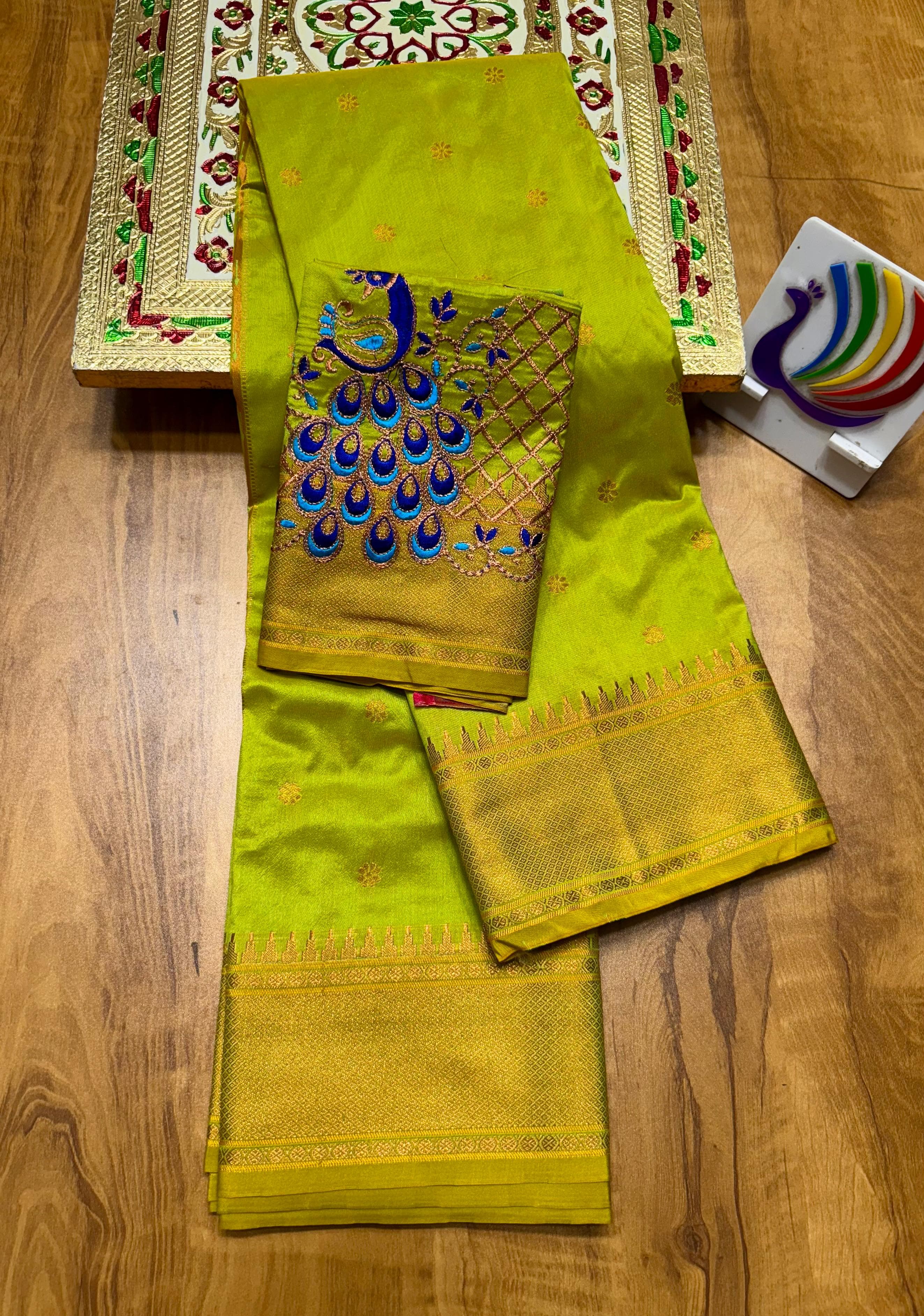 Discover the richness of tradition with our New Launching Kalanjali Bindiya Paithani Saree, a timeless creation woven in premium soft; shiny Tana silk. Designed with all-over buttis, a rich intricately styled pallu, and a copper zari border small temple, this saree reflects true craftsmanship and cultural heritage.