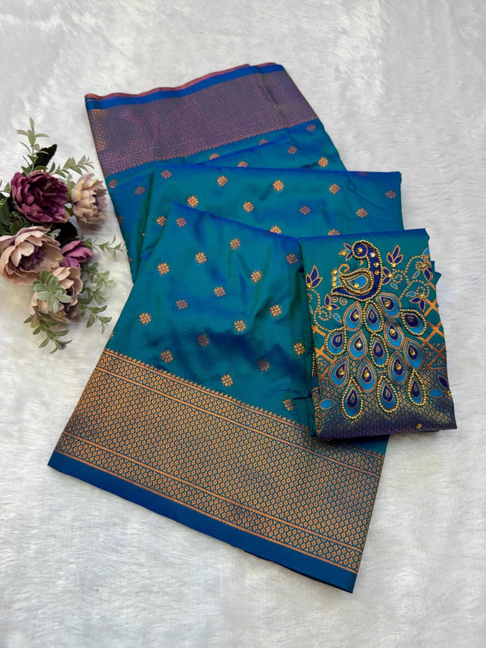Shop New Sonali Kalanjali Paithani Saree in premium soft silk with rich buttis, peacock Maharani pallu and Aariwork Swarovski blouse. Perfect for festivals and weddings.