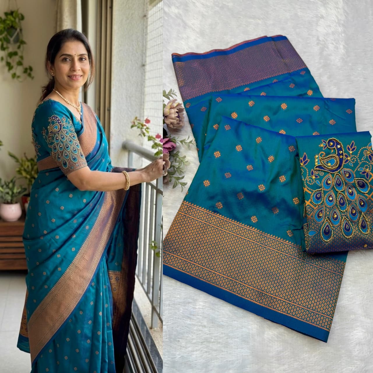 Shop New Sonali Kalanjali Paithani Saree in premium soft silk with rich buttis, peacock Maharani pallu and Aariwork Swarovski blouse. Perfect for festivals and weddings.