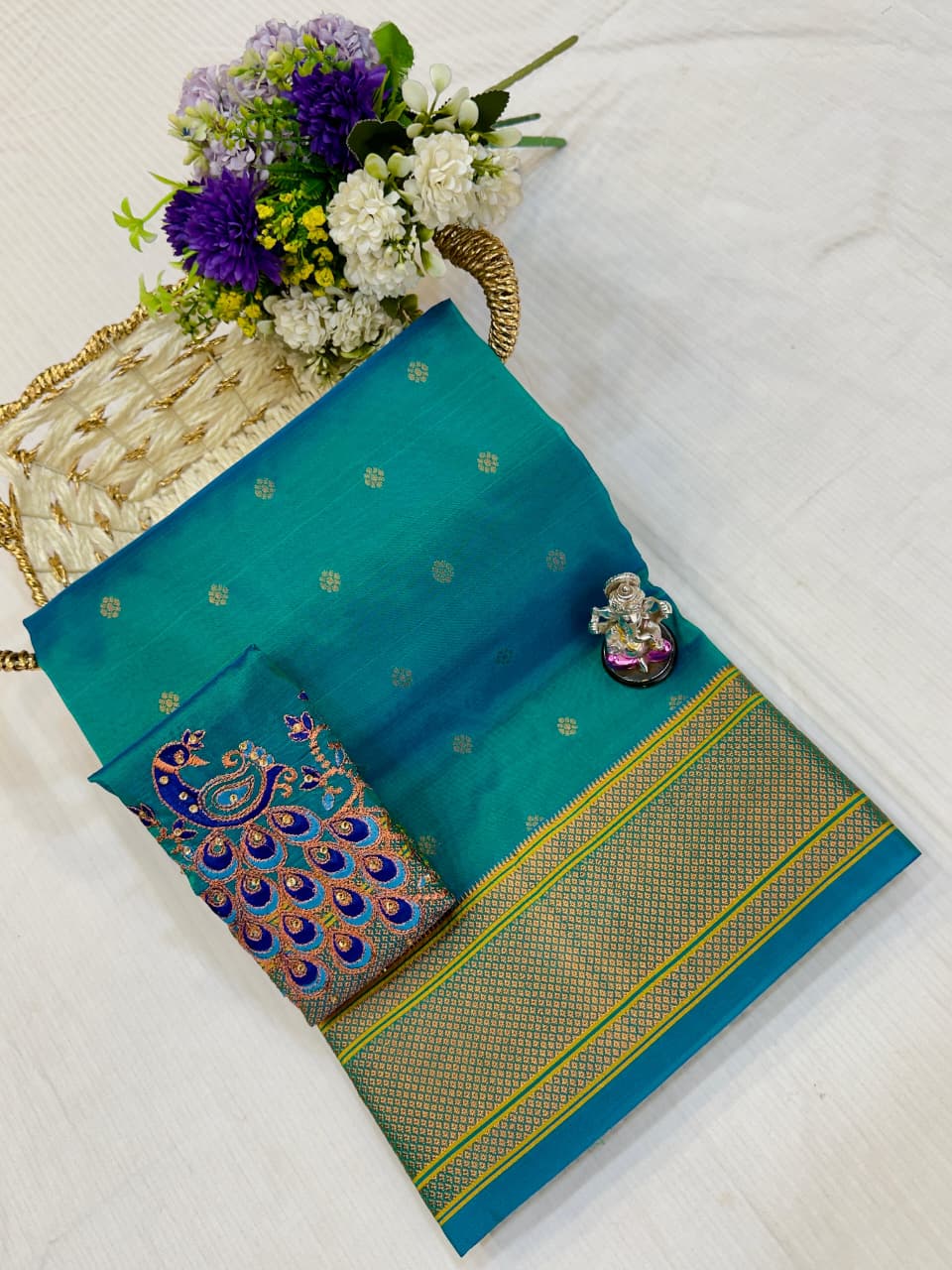 The beautiful traditional Paithani pallu enhances its royal appeal, while the exclusive designer running blouse piece completes the look. Perfect for weddings, festive celebrations, cultural events, and special occasions.