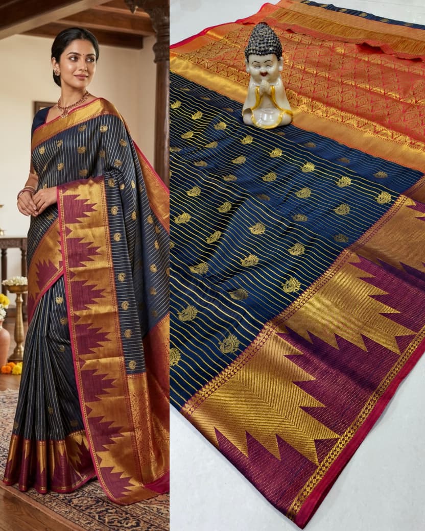 Step into elegance with our Vaira Oosi Saree, crafted to give a rich and graceful traditional look. The beautiful red base with golden zari weaving makes it perfect for all special occasions.