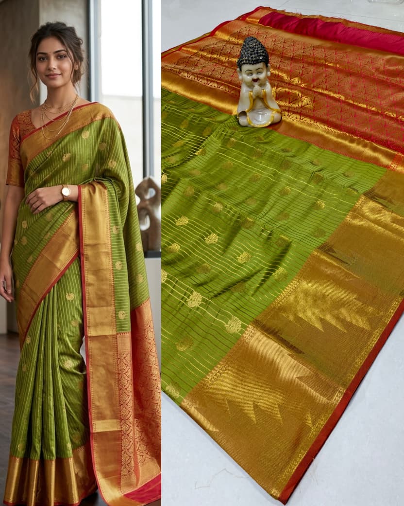 Step into elegance with our Vaira Oosi Saree, crafted to give a rich and graceful traditional look. The beautiful red base with golden zari weaving makes it perfect for all special occasions.