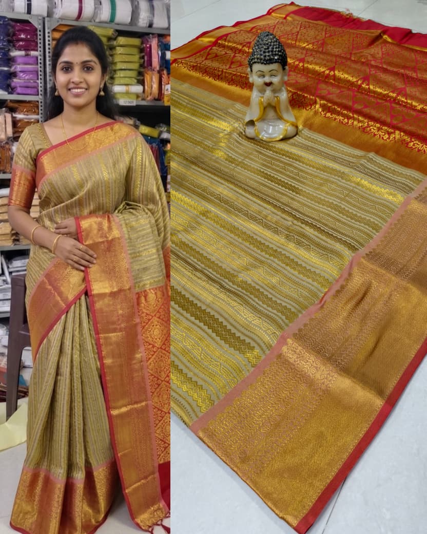 Step into elegance with our Vaira Oosi Saree, crafted to give a rich and graceful traditional look. The beautiful red base with golden zari weaving makes it perfect for all special occasions.