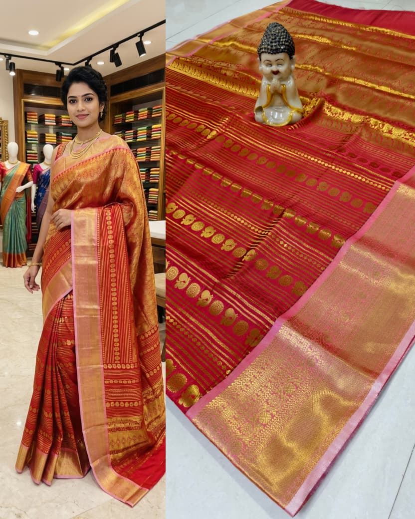 Step into elegance with our Vaira Oosi Saree, crafted to give a rich and graceful traditional look. The beautiful red base with golden zari weaving makes it perfect for all special occasions.
