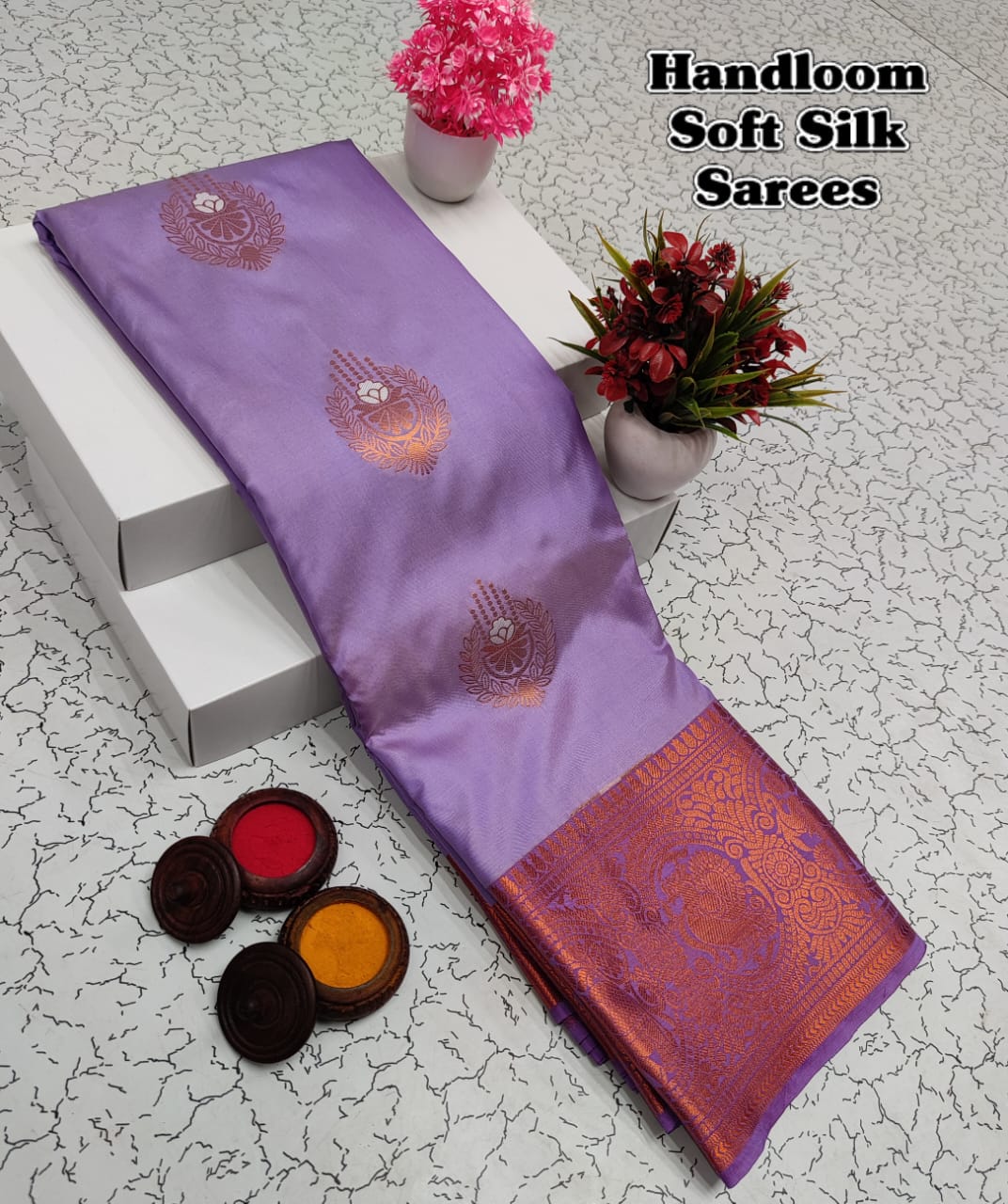 Shop premium Kanchipuram Handloom Soft Silk Saree with copper zari border, rich meena pallu & contrast blouse. Elegant saree for weddings & festivals.