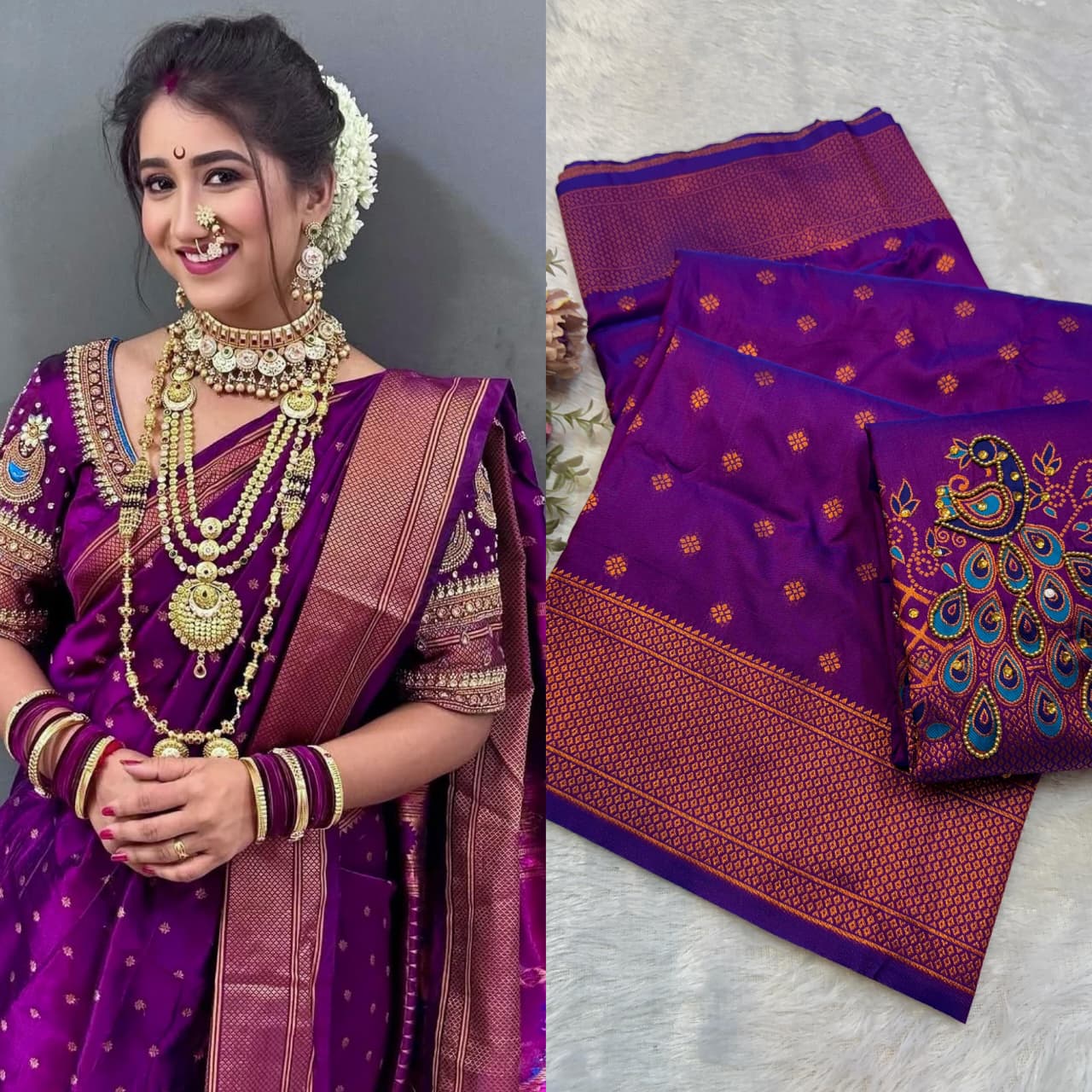 Shop New Sonali Kalanjali Paithani Saree in premium soft silk with rich buttis, peacock Maharani pallu and Aariwork Swarovski blouse. Perfect for festivals and weddings.