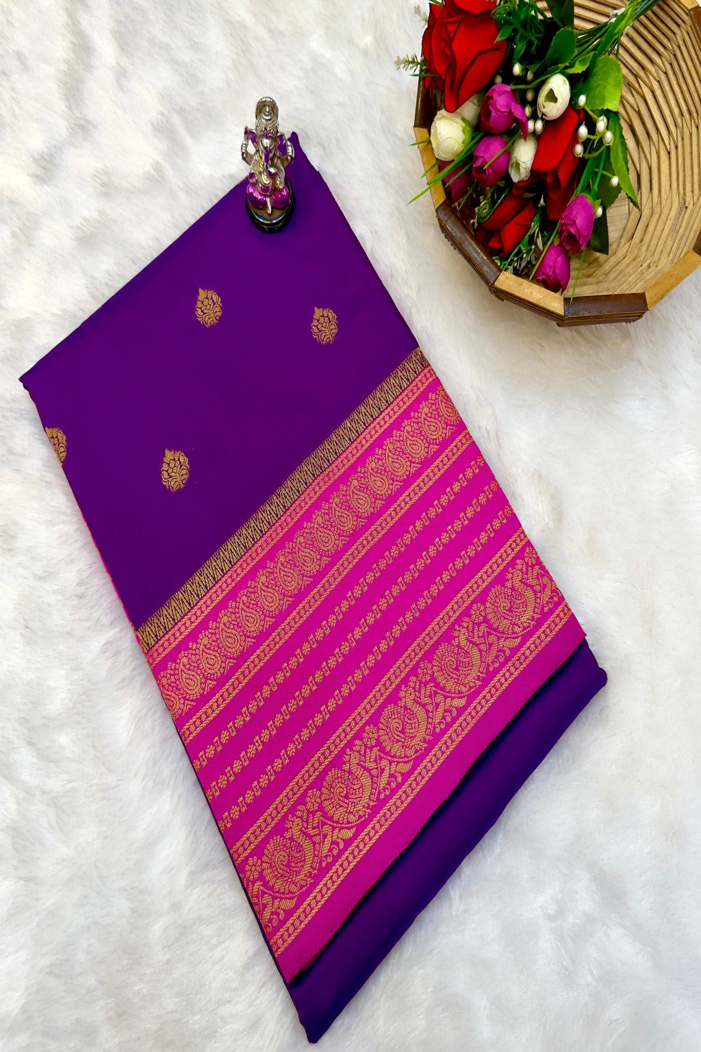Shop Rajashri Kanjivaram Paithani Saree online at best price. Premium Katan silk feel with zari butti and Meena work, ideal for weddings, festivals, and traditional occasions.
