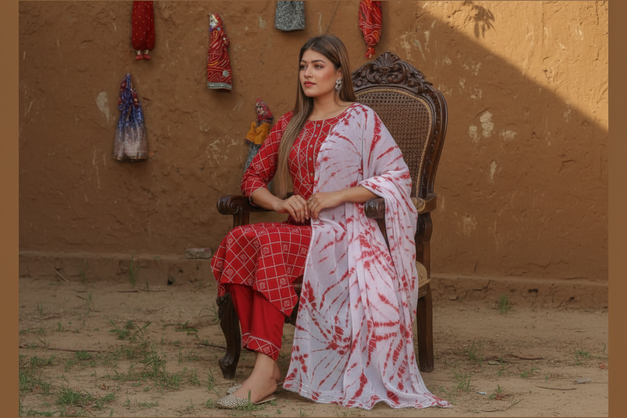 Upgrade your ethnic wardrobe with this graceful Straight Cut Kurti Set, crafted in premium rayon slub fabric for a soft, breathable, and comfortable feel. The beautiful printed design paired with a matching dupatta and red pant makes it a perfect outfit for festive occasions, casual gatherings, and daily wear.