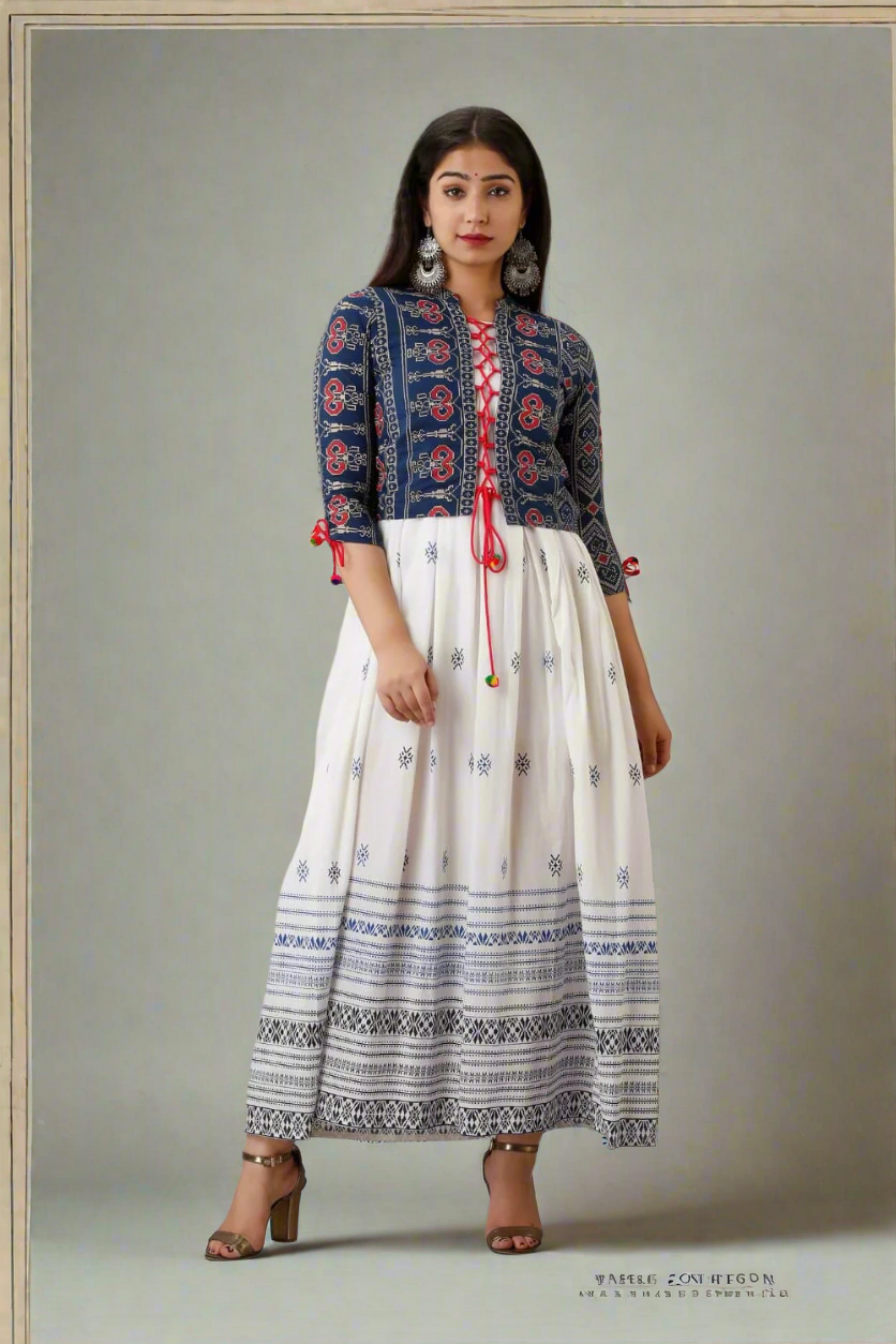 A woman wearing a traditional white long gown with a contrast jacket